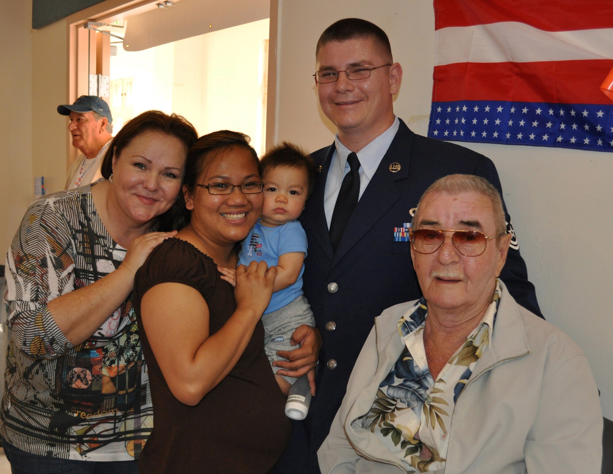 TRAVIS AIR FORCE BASE, Calif. -- Four generations of Tech. Sgt. Jeff Forzaglia's family came together for the 10th anniversary of "Operation Gratitude," spending the day with his grandfather, Richard Bercier, a resident of the California Veterans Home in Yountville. From right to left: Mr. Bercier, Sergeant Forzaglia, his son, baby Mason, his wife, Christelle and Sergeant Forzaglia's mother, Susan Bercier. For the full story, see the August Contact Magazine. (U.S. Air Force photo/Senior Master Sgt. Ellen L. Hatfield)

 
