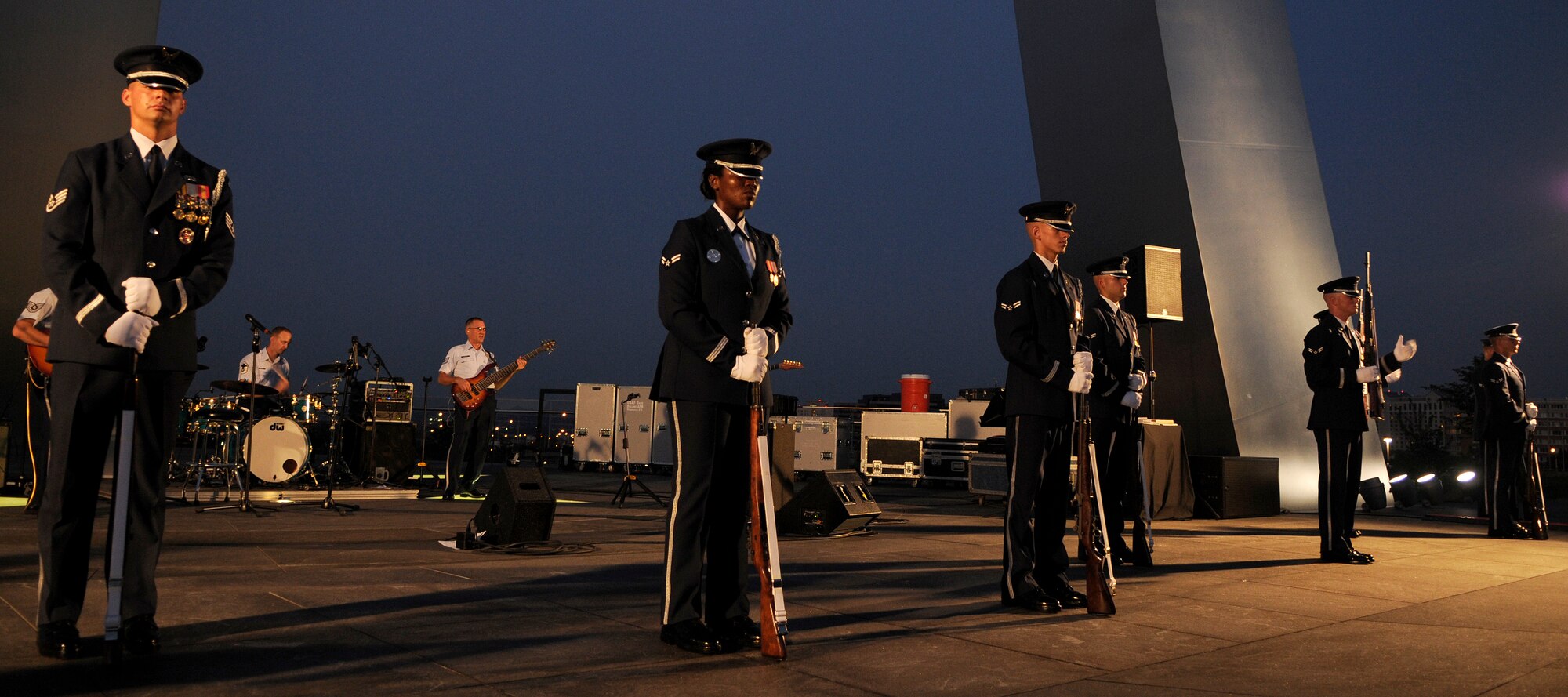 The integrated music and drill performance team, Air Strike, performs July 21 at the Air Force Memorial in Washington. The event also featured performances by the U.S. Air Force rock band Max Impact and the U.S. Air Force Honor Guard Drill Team. The Band’s six performing ensembles take turns performing throughout the summer at the Air Force Memorial each Wednesday and Friday with no fee for attendance. The ensembles also take turns performing every Tuesday on the steps of the Capitol Building. For more information, please visit www.usafband.af.mil. (U.S. Air Force photo by Senior Airman Jaclyn McDonald)