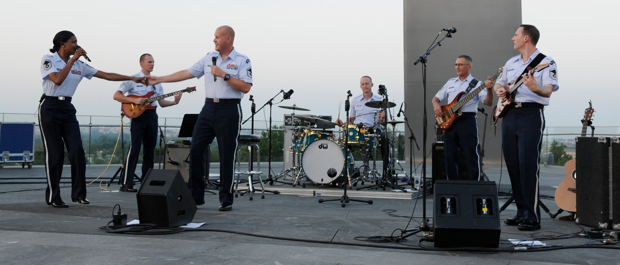 The U.S. Air Force rock band Max Impact performs July 21 at the Air Force Memorial in Washington. The Band’s six performing ensembles take turns performing throughout the summer at the Air Force Memorial each Wednesday and Friday with no fee for attendance. The ensembles also take turns performing every Tuesday on the steps of the Capitol Building. For more information, please visit www.usafband.af.mil. (U.S. Air Force photo by Senior Airman Jaclyn McDonald)