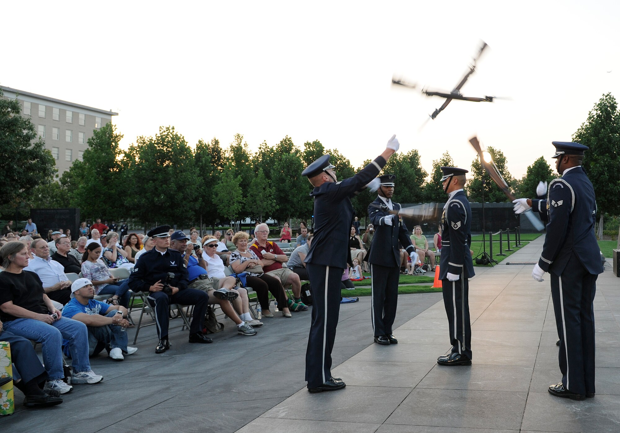 The U.S. Air Force Honor Guard Drill Team performs July 21 at the Air Force Memorial in Washington. The show also included a performance by The U.S. Air Force Band Max Impact and an integrated musical and drill performance by Air Strike. The Band’s six performing ensembles take turns performing throughout the summer at the Air Force Memorial each Wednesday and Friday with no fee for attendance. The ensembles also take turns performing every Tuesday on the steps of the Capitol Building. For more information, please visit www.usafband.af.mil. (U.S. Air Force photo by Senior Airman Jaclyn McDonald)