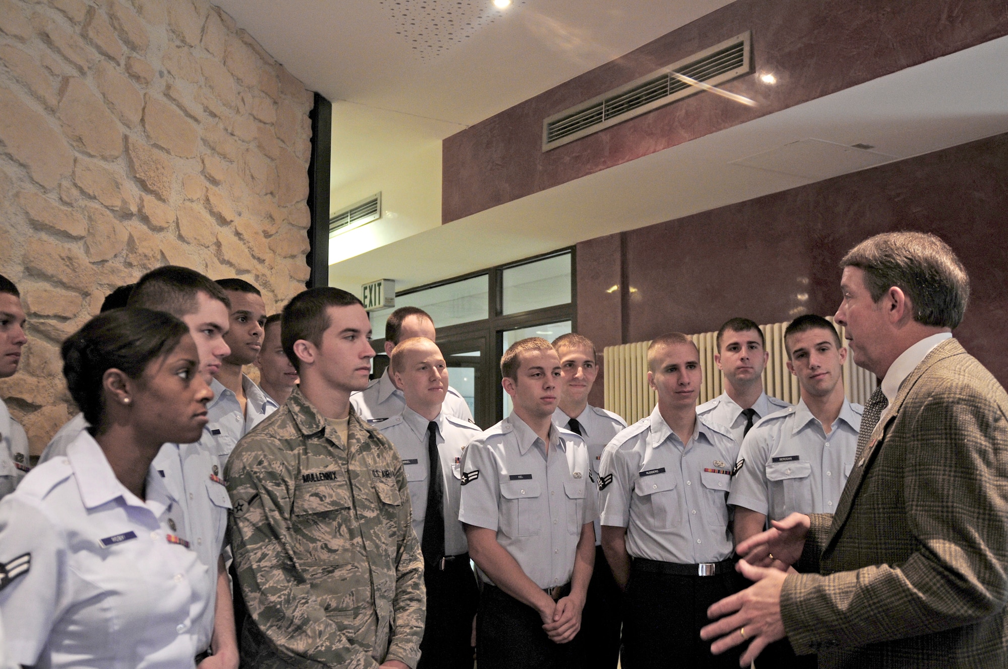 Fifteenth Chief Master Sgt. of the Air Force Rodney McKinley talks to Airmen July 26, 2010, at Ramstein Air Base, Germany. Chief McKinley visited to meet Airmen in Germany. (U.S. Air Force photo/Airman 1st Class Brea Miller)