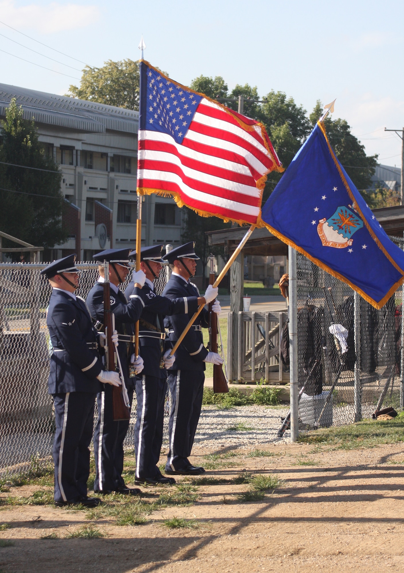 WRIGHT-PATTERSON AIR FORCE BASE, Ohio – The 88th Air Base Wing Honor Guard posts the Colors at the third annual Air Force Sergeants Association Active Duty vs. Reserves Softball Challenge July 24. The active-duty team won 31-17. (U.S. Air Force photo/Senior Airman Robert Nelson)
