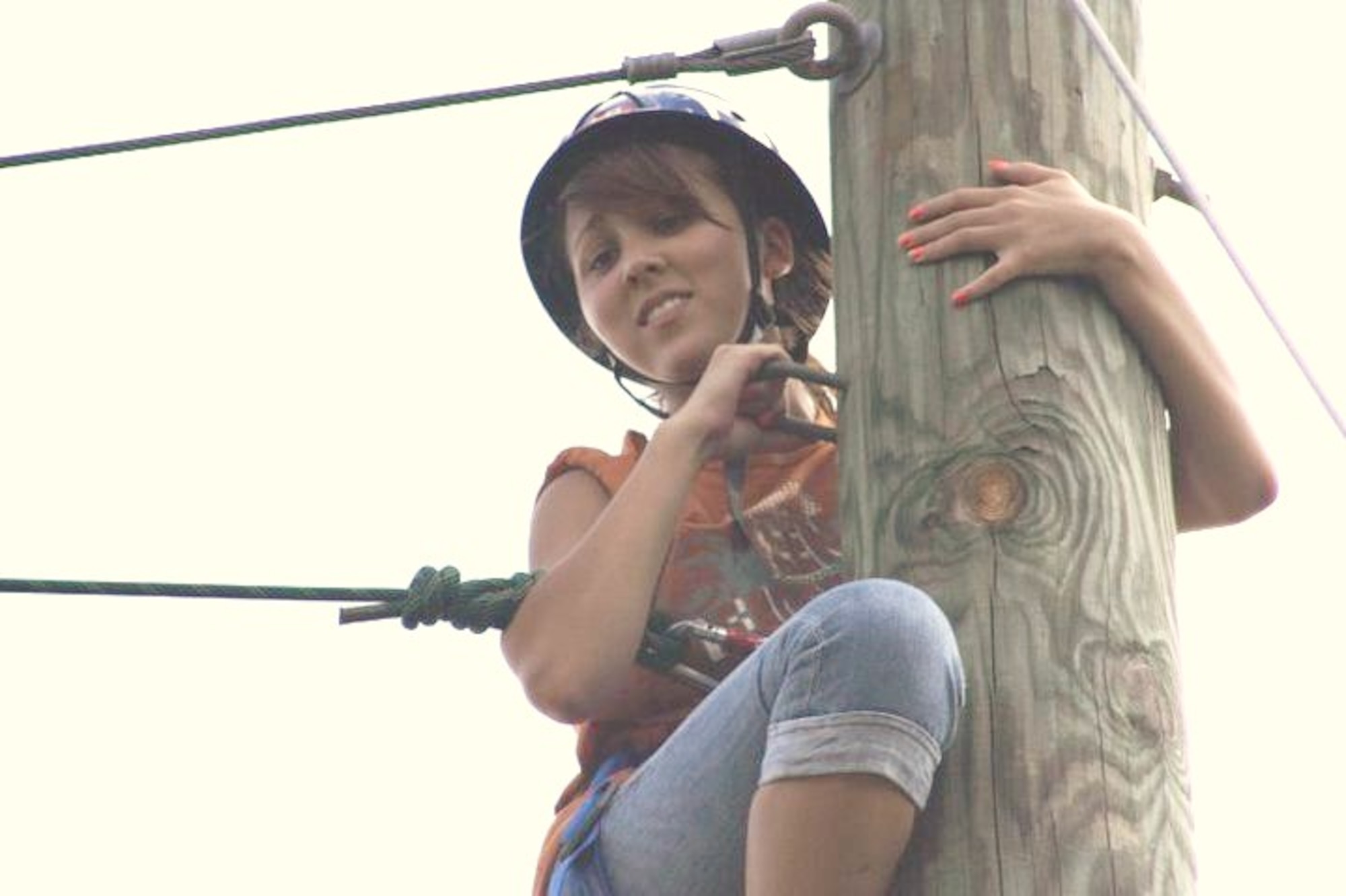 Kasey Kalita, a 14-year-old sophomore at Desert High School, participated in a rope-climbing exercise while at a teen leadership camp in San Antonio, Texas. The purpose of the exercise was to learn to depend on a teammate when the going gets tough. (Air Force photo by Paul Labella)