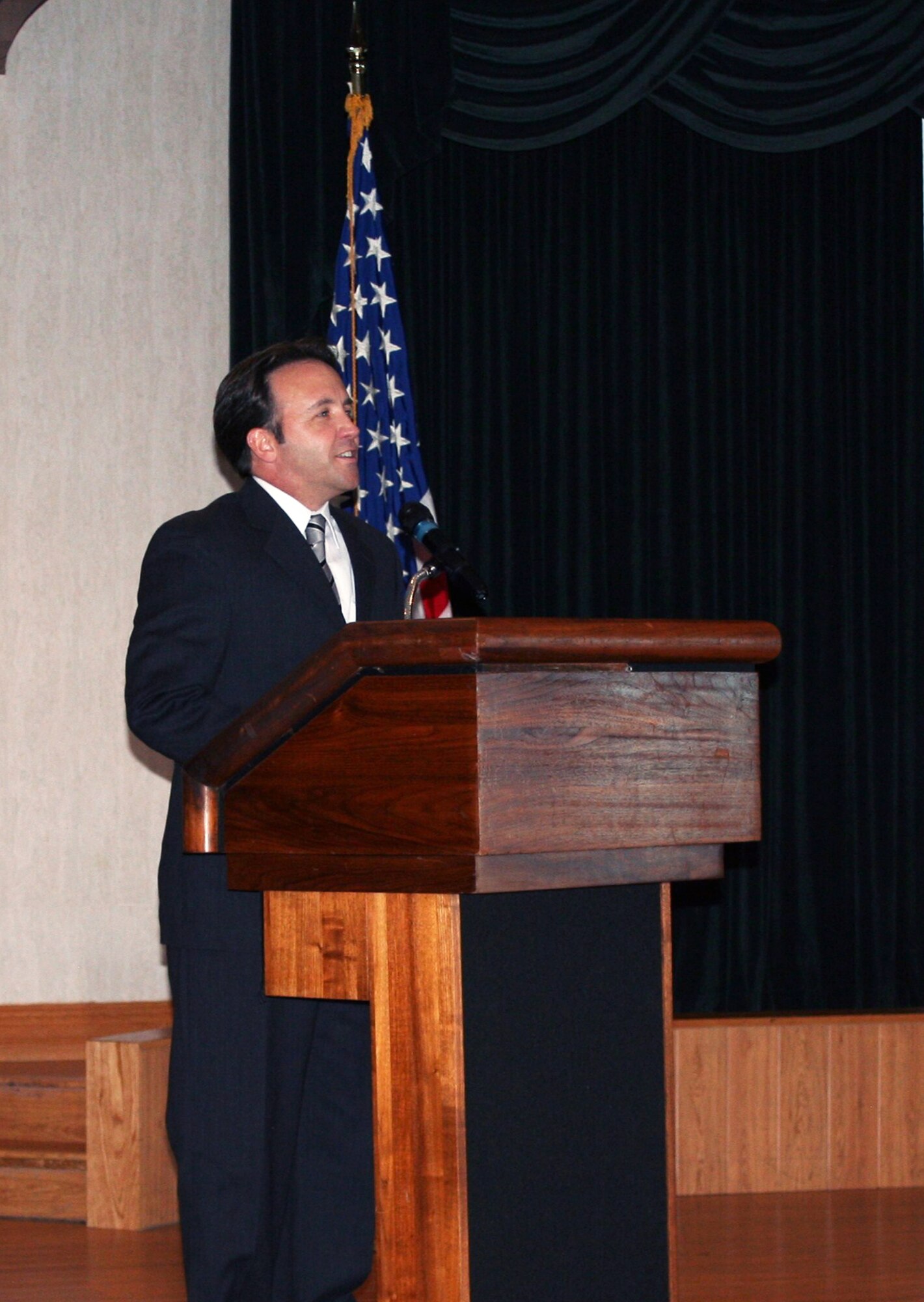 WRIGHT-PATTERSON AIR FORCE BASE, Ohio - Matthew Thompson, 445th Airlift Wing financial manager, speaks to more than 60 guests from the Association of Military Comptrollers July 15 about reserve financial management. Members of the AMC included professionals from the 445th Airlift Wing, 88th Air Base Wing, Aeronautical Systems Center, and Air Force Materiel Command.   (U.S. Air Force photo/Senior Airman Mikhail Berlin)
