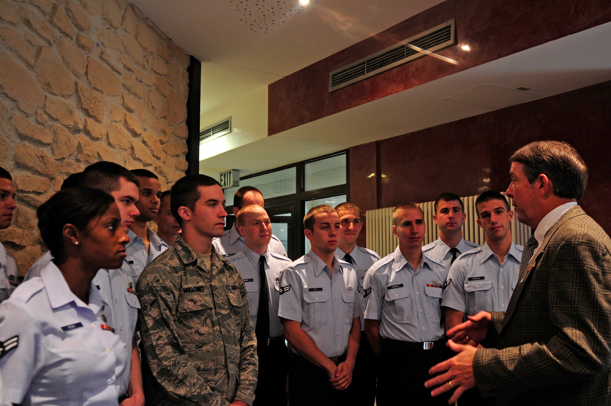 Fifteenth Chief Master Sgt. of the Air Force Rodney McKinley talks to Airmen on Ramstein Air Base, Germany, July 26, 2010. The purpose of Chief McKinley's visit was to meet Airmen in Germany. (U.S. Air Force photo by Airman 1st Class Brea Miller)