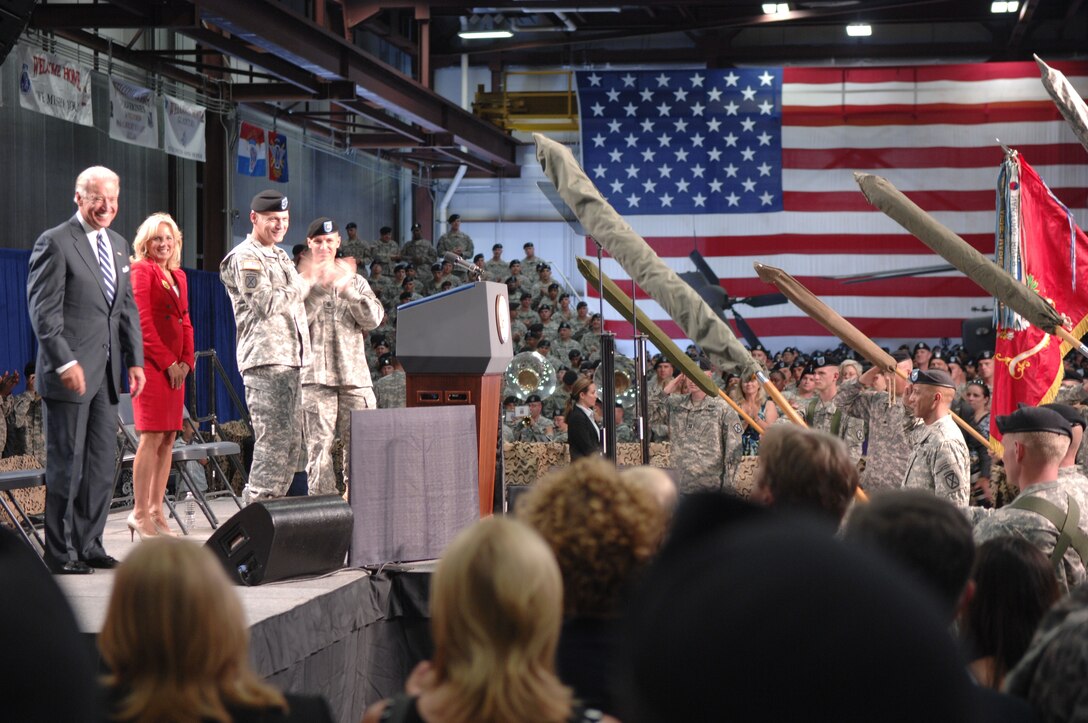 Vice President Joe Biden and his wife, Dr. Jill Biden, attend a homecoming celebration at Fort Drum, N.Y., marking the return of the 10th Mountain Division’s 2nd Brigade Combat Team from Iraq. Joining the Bidens on the stage are Army Maj. Gen. James L. Terry, 10th Mountain Division commander, and Army Command Sgt. Maj. Christopher K. Greca, the division’s command sergeant major. 