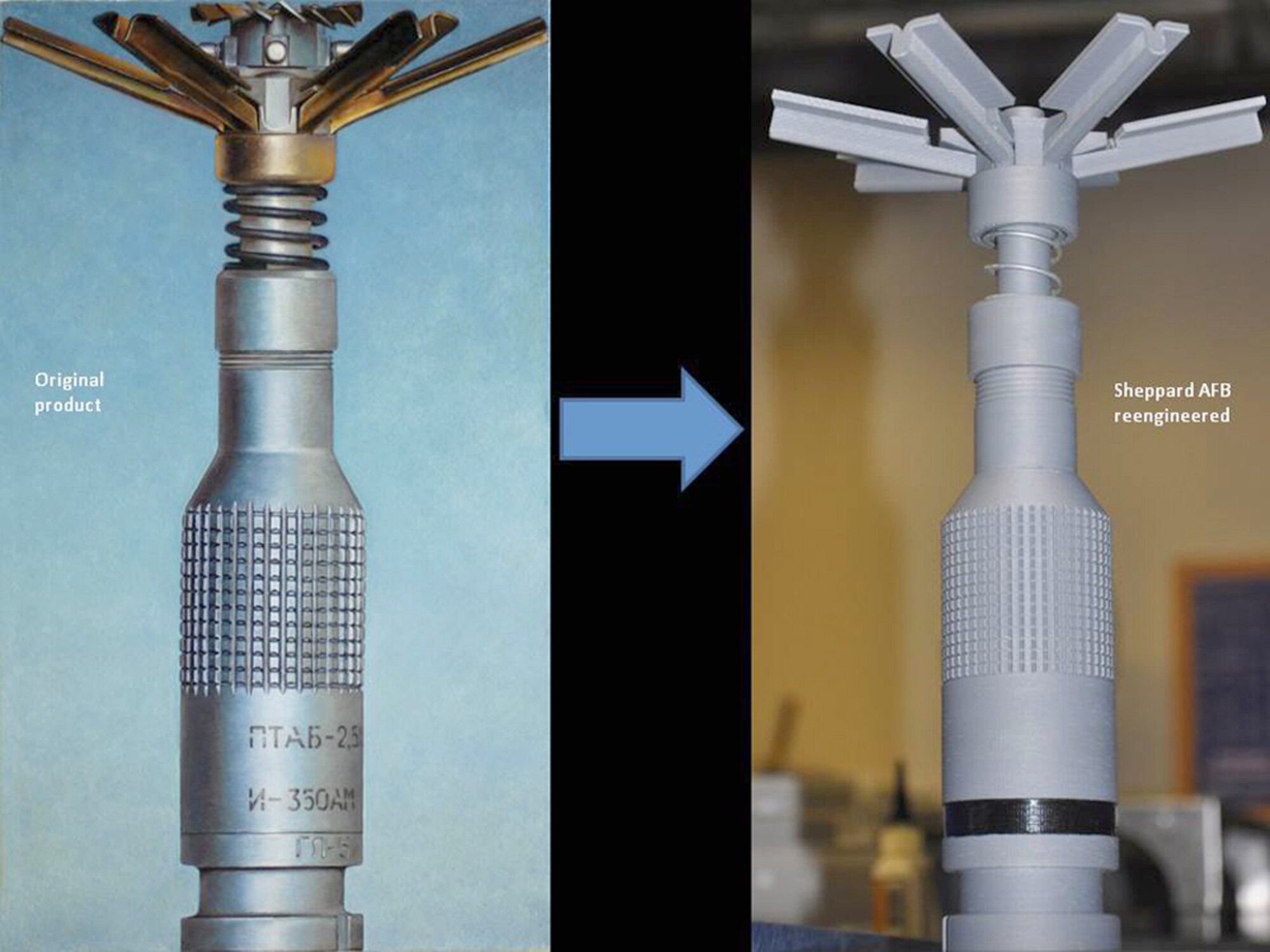 A submunition is being replicated and detailed July 22, 2010, by the 982nd Maintenance Support Squadron at Sheppard Air Force Base, Texas, for use at an explosive ordnance disposal training facility. EOD training aids were fabricated with plastic and steel to make them look, weigh and feel like the original item. Details such as working springs, internal pieces, markings and bolts have been added to make training aids as detailed as possible. (U.S. Air Force illustration/Tech. Sgt. Vernon Cunningham)