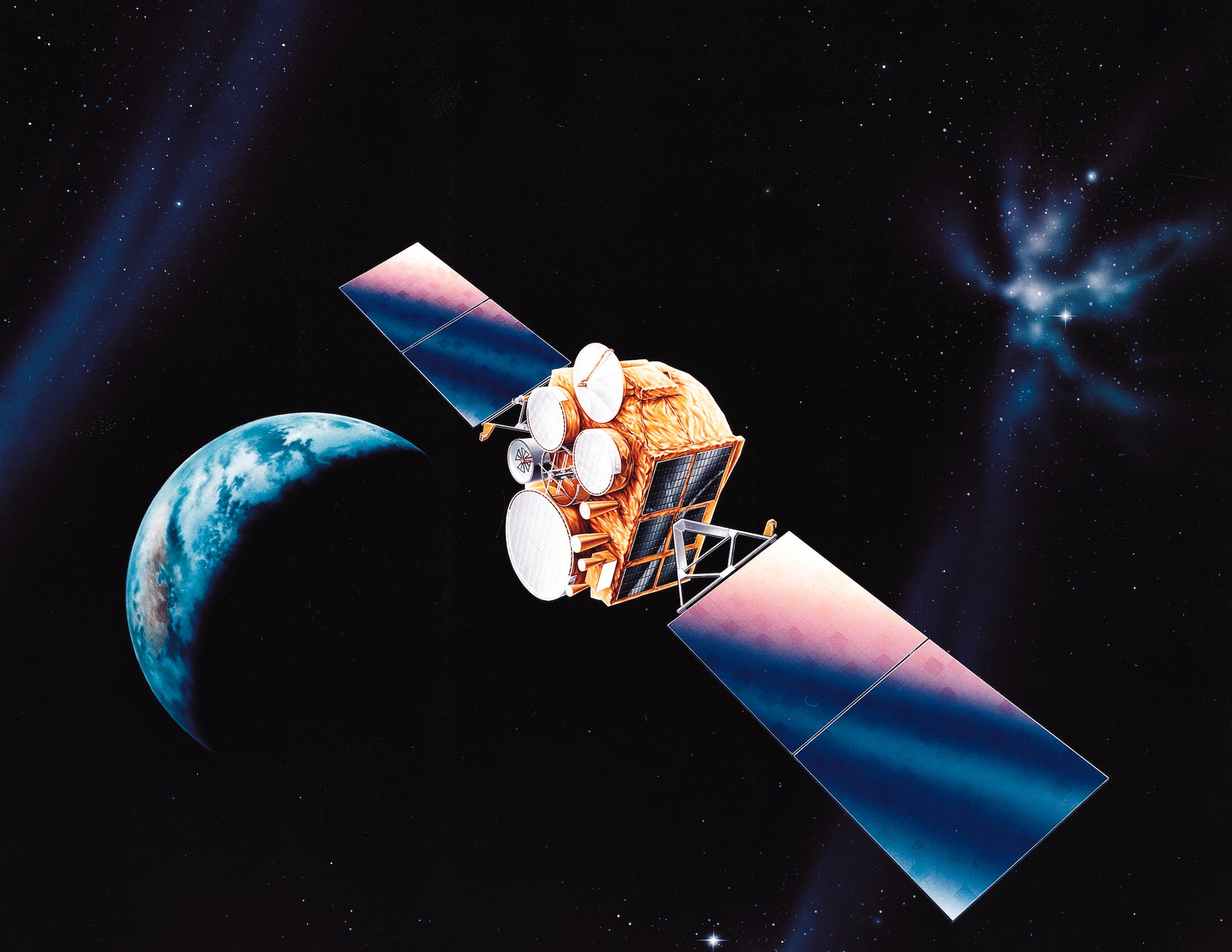 Defense Satellite Communication System satellites (like the one pictured) provide critical communication links used by the Department of Defense members and U.S. allies. Airmen with the 3rd Space Operations Squadron intentionally spun a DSCS test satellite off its operational axis, then initiated a new procedure for correcting the spacecraft's attitude. (U.S. Air Force illustration)