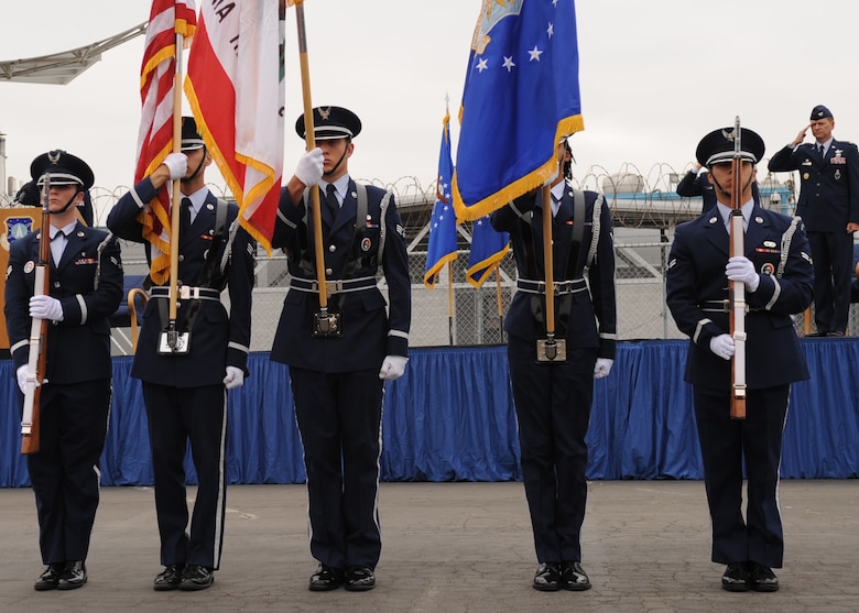 SUNNYVALE, Calif.-- The Travis Air Force Base Honor Guard team traveled here to post the colors during the closing ceremony of Onizuka Air Force Station here, Wednesday, July 28, 2010. Built in 1960, Onizuka AFS was originally known as the Air Force Satellite Test Center. It was selected for closure by the Base Closure and Realignment Commission in 2005, with the recommendation to move operations to Vandenberg Air Force Base, in order to consolidate satellite command and control operations while reducing excess infrastructure. (U.S. Air Force Photo/Senior Airman Bryan Boyette)