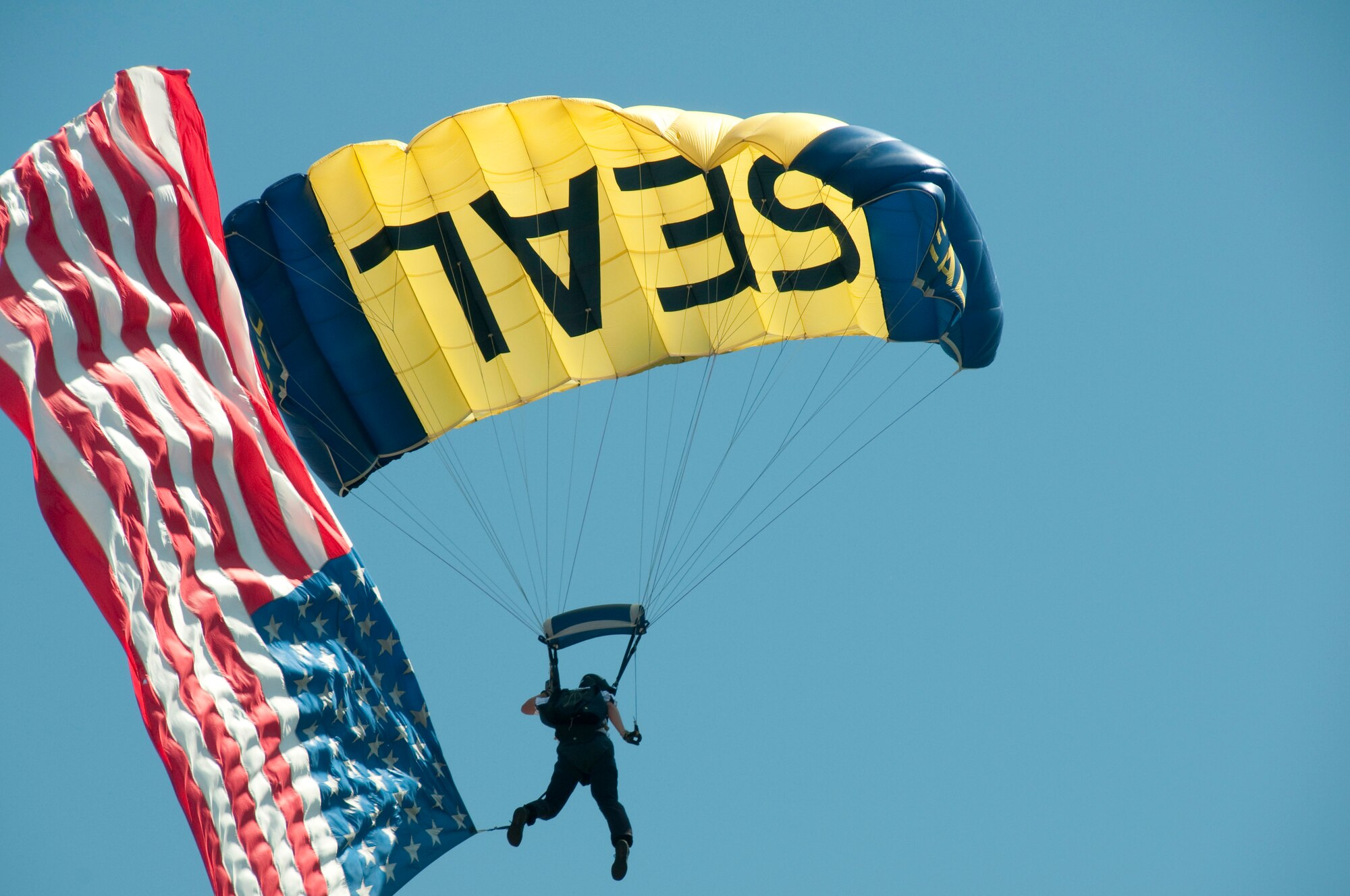 After jumping out of a 133rd Airlift Wing C-130, a member of the U. S. Navy parachute team "Leap Frogs" with the American flag brings the game ball into Target Field on July 21, 2010. The Minnesota Twins are celebrating Navy Day in their new stadium. The Air National Guard crew is joined by aviators from the 934th Airlift Wing, U. S. Air Force Reserve supporting this event.  USAF official photo by Captain Ann Todd