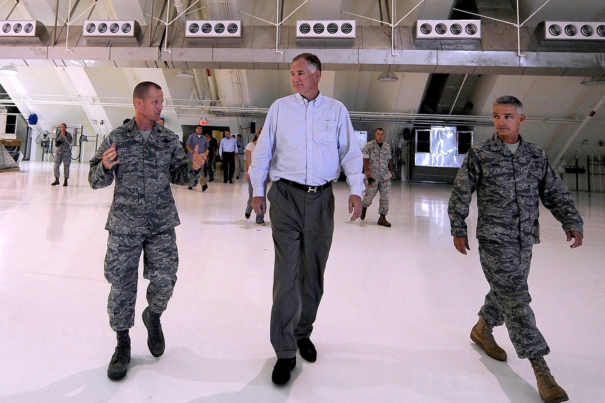 Deputy Defense Secretary William J. Lynn III tours the new RQ-4 Global Hawk hangar on Andersen Air Force Base, Guam, July 28, 2010.  (Defense Department photo/Master Sgt. Jerry Morrison)