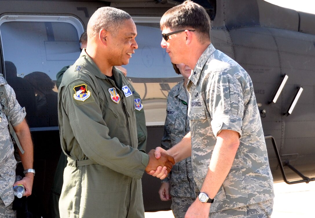 Maj. Gen. Garry C. Dean, Air Forces Northern commander, is greeted by Brig. Gen. Ian R. Dickinson, 81st Training Wing commander, and members of Task Force Vigilant Horizon during a recent trip to Keesler Air Force Base, Miss.  The general spent time with members of the task force to observe their operations and response efforts to the Deepwater Horizon oil spill in the Gulf of Mexico.  (Mississippi Army National Guard photo by Casey Ware)