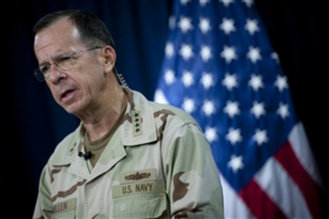 Chairman of the Joint Chiefs of Staff Adm. Mike Mullen, U.S. Navy, addresses the media at the Combined Press Information Center in Baghdad, Iraq, on July 27, 2010.  Mullen's final stop in Iraq wraps up the ten-day around the world trip to meet with counterparts and troops engaged in the war on terrorism.  