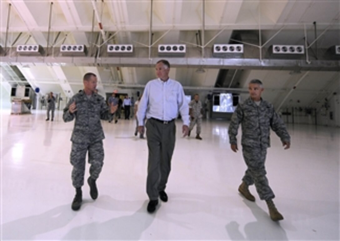 Deputy Secretary of Defense William J. Lynn III is given a tour of the new RQ-4 Global Hawk Hangar area at Andersen Air Force Base, Guam, on July 28, 2010.  