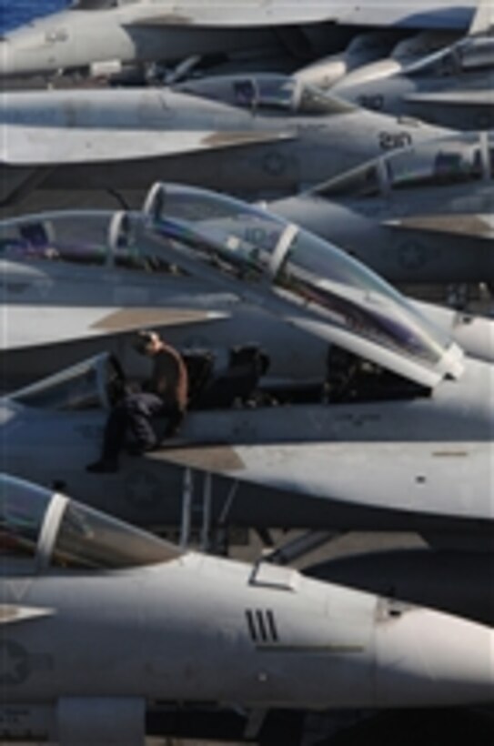 U.S. Navy Airman Robert Haack prepares an F/A-18F Super Hornet assigned to the Strike Fighter Squadron 154 for flight operations aboard the aircraft carrier USS Ronald Reagan (CVN 76) in the Pacific Ocean during Rim of the Pacific 2010 on July 16, 2010.  