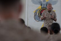 General James T. Conway, the 34th Commandant of the Marine Corps, answers a Marine's question during a town hall discussion at Floyd Bennett Field, Brooklyn, N.Y., July 29. He became the first commandant to visit 6th Communications Battalion's headquarters. The Marine battalion was relocated from Fort Schuyler, Bronx to Floyd Bennett Field in 1997.(Official Marine Corps photo by Sgt. Randall A. Clinton / RELEASED)