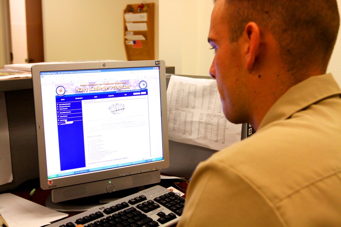 Seaman Nicholas A. Kirsch, hospital corpsman, Naval Hospital Camp Pendleton, looks at the Navy College website for information on Tuition Assistance. On July 22, the U.S. Navy enacted change to their TA policy. The new policy now grants funding on a first-come first-serve basis, with money that is replenished each quarter instead of each fiscal year. In addition, first-term sailors cannot use TA until after their first year of service.