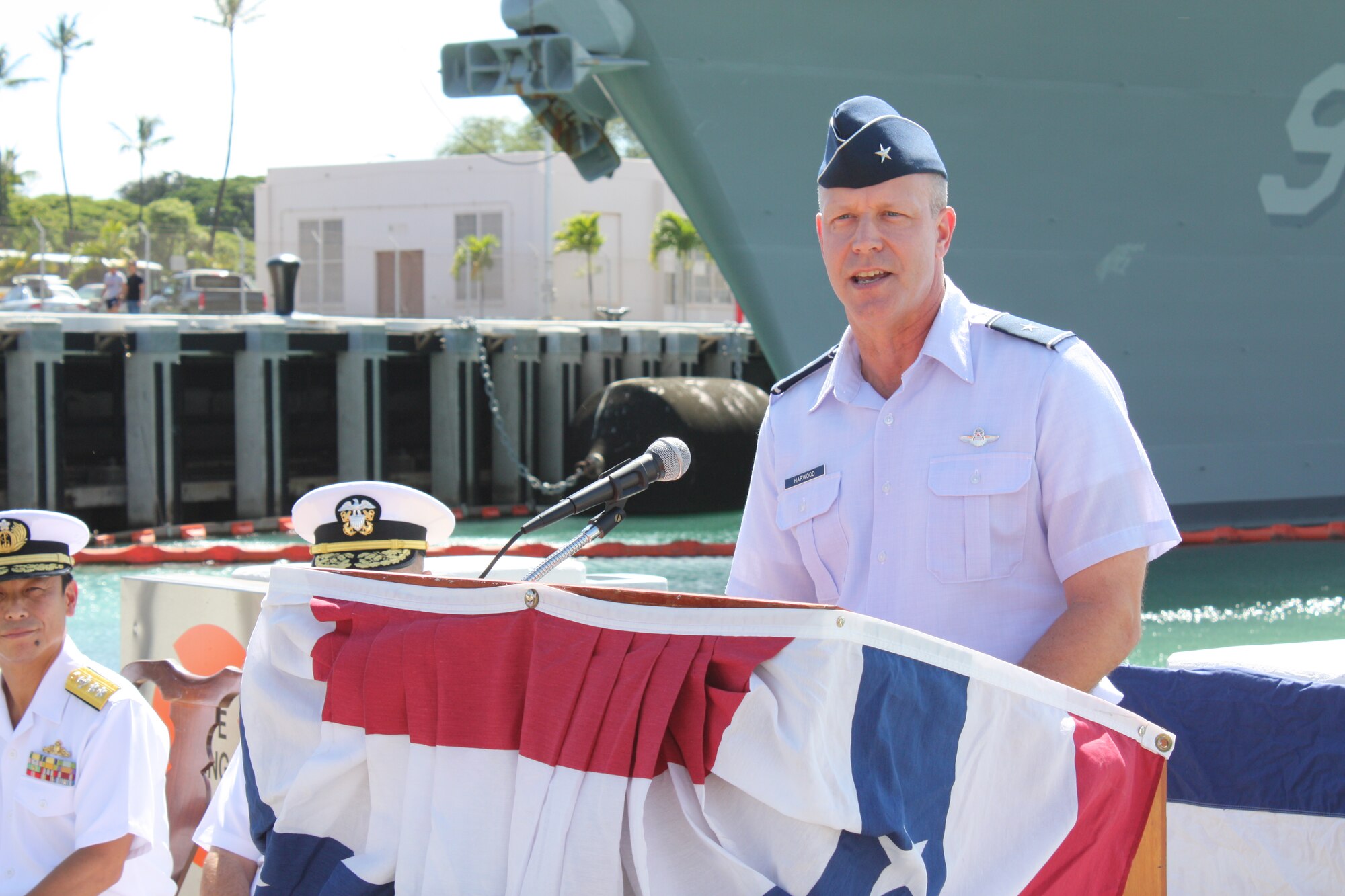 Brig. Gen. Thomas P. Harwood II, mobilization assistant to the commander, Thirteenth Air Force, and the combined forces air component commander for RIMPAC 2010, speaks to the media during the closing press conference for RIMPAC 2010 at Joint Base Pearl Harbor Hickam, Hawaii, on June 23, 2010. The Rim of the Pacific Exercise is the world's largest international maritime exercise that prepares forces to be interoperable and ready for a wide range of potential operations. The 613th Air and Space Operations Center at JBPH served as the central hub for data and voice communications during the biennial exercise which was held in the Hawaii operating area from June 23 through July 30. (U.S. Air Force photo/ Master Sgt. Victoria Meyer) 