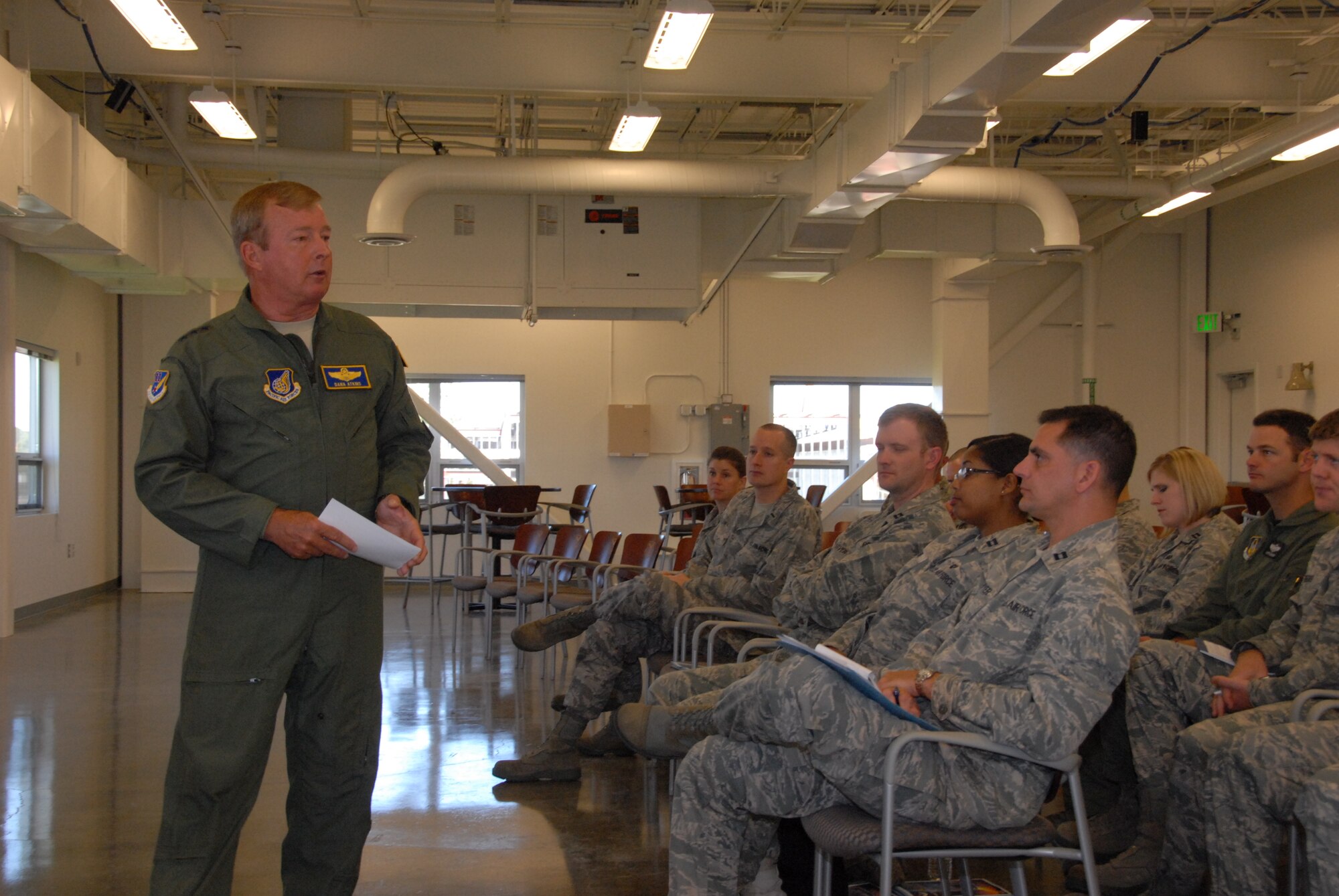 JOINT BASE ELMENDORF RICHARDSON, Alaska – Lt. Gen. Dana Atkins, commander of Alaskan Command, briefed Junior Officer Leadership Development Course attendees here July 11. The 477th Fighter Group hosted the JOLD Course here July 8-11. The course was attended by 28 active duty, Reserve and National Guard officers from bases throughout the Air Force.  The theme for the conference, which focused on joint operations, Alaska’s strategic location and supporting the Pacific theater was “Joint Force on Top of the World”. 