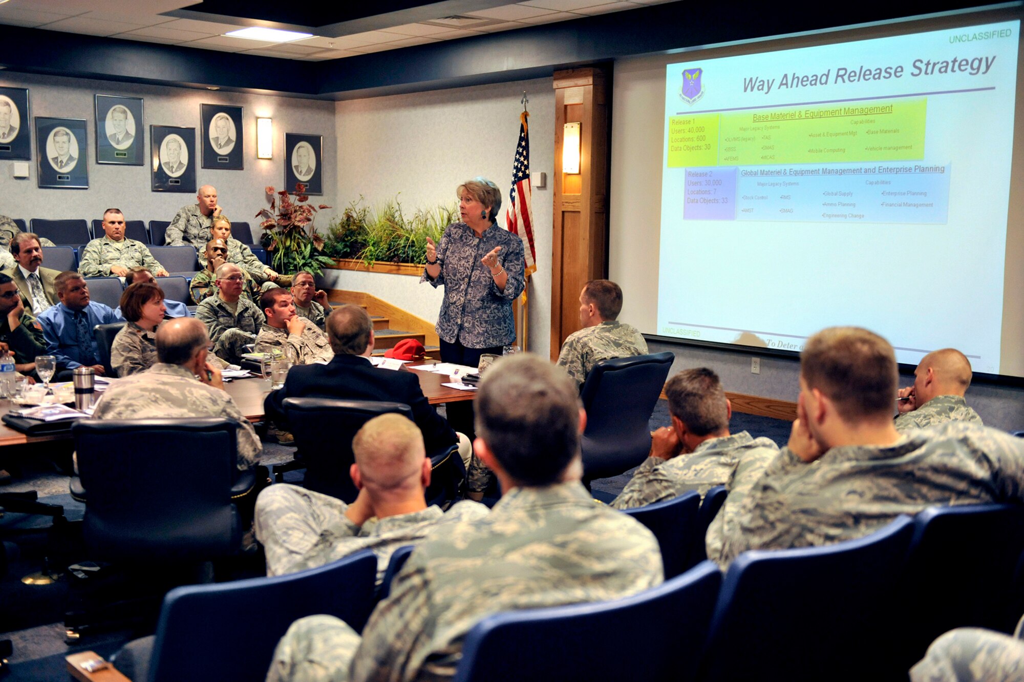 Ann Mitchell briefs leaders at Malmstrom Air Force Base, Mont., on the logistics conversion to the Expeditionary Combat Support System July 22, 2010, during a site visit.  Ms. Mitchell is the Air Force Global Strike Command director of installations, logistics and mission support. (U.S. Air Force photo/John Turner)