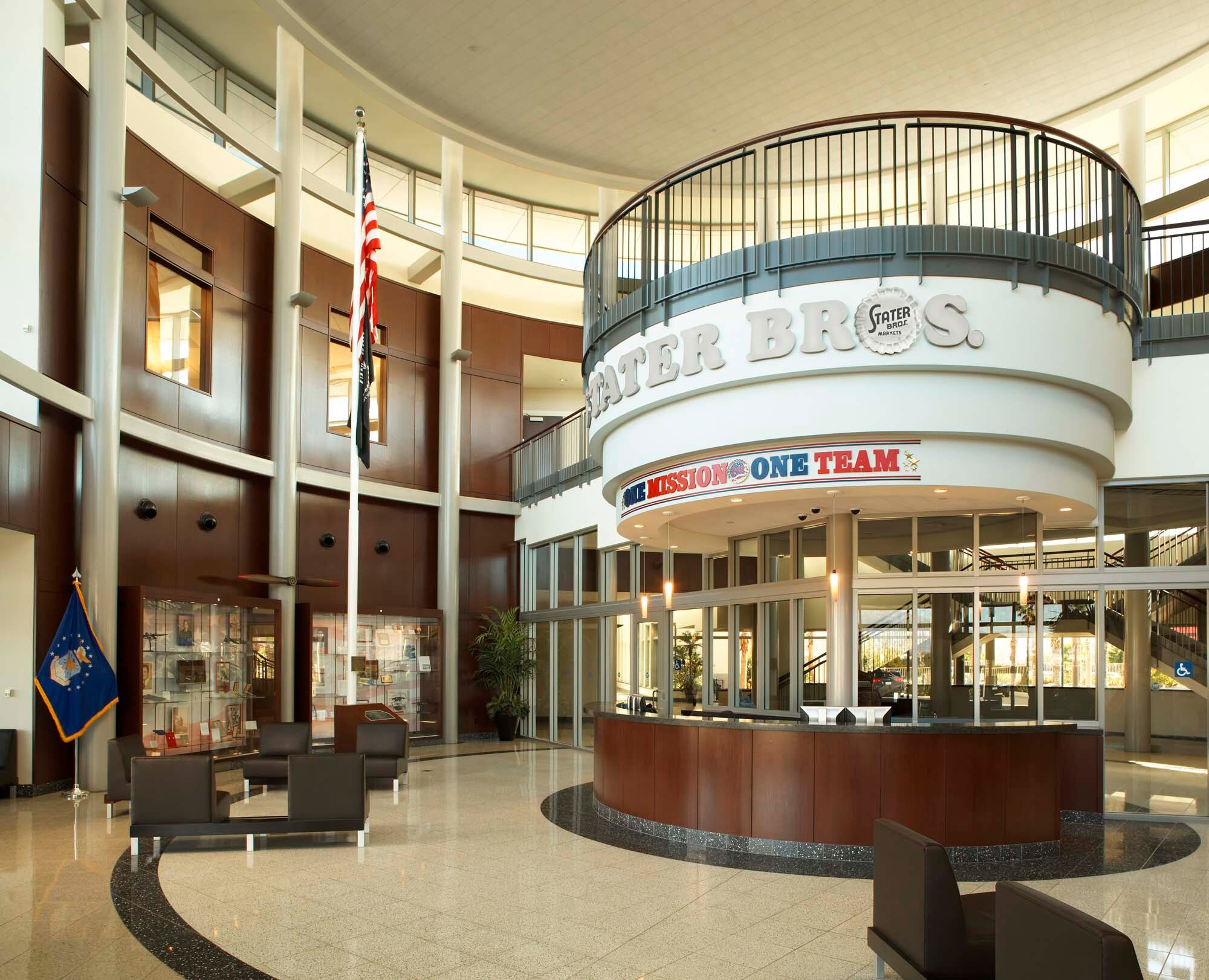 In the massive headquarters lobby are two displays: one about the history of Stater Brothers markets and another devoted to Capt. Leland Norton. A museum curator designed the exhibit, in which Norton's captain's bars, medals, letters, his Bible, photographs, and other artifacts. The lobby also houses the flag pole once used at Norton AFB. 