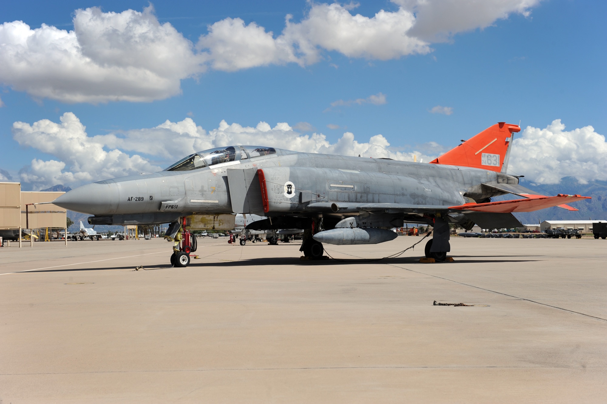 A QF-4 drone sits on the flightline at Davis-Monthan Air Force Base, Ariz., July 30, 2010.  Maintainers from the 309th Aerospace Maintenance and Regeneration Group are regenerating F-16 Fighting Falcons so Boeing specialists can convert them into drones to replace the QF-4.  (U.S. Air Force photo/Staff Sgt. Desiree N. Palacios)