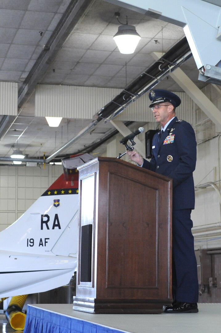 Maj. Gen. Mark Solo, 19th Air Force commander, addresses the audience at the 19th Air Force change of command ceremony July 30 at Randolph Air Force Base, Texas. (U.S. Air Force photo/Rich McFadden)