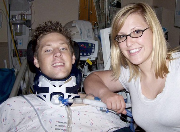 Senior Airman Emerald Ralston sits with Army Sgt. Ian Ralston, her brother, at the Veterans Affairs Spinal Cord Injury Center in Minneapolis, Minn. Airman Ralston is a public affairs specialist with the 92nd Air Refueling Wing Public Affairs. (Courtesy photo)