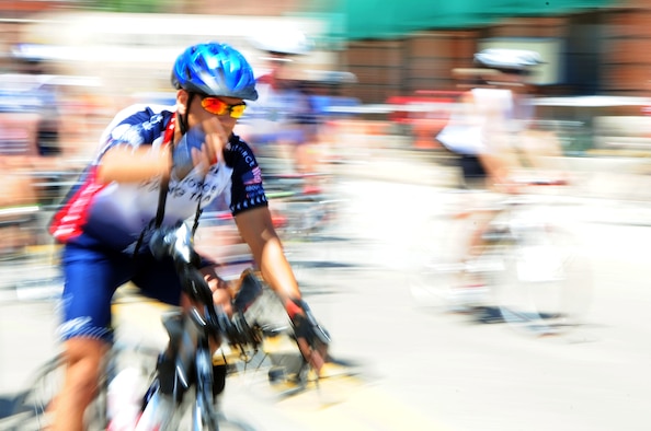 BURLINGTON, Iowa -- A member of the Air Force Cycling Team completes the final day of the 2009 Registers Annual Great Bike Ride Across Iowa. The RAGBRAI is a seven-day Iowan tradition that began more than 35 years ago when two staff members of the Des Moines Register rode their bicycles across their home state. Starting on Iowa's western edge, the RAGBRAI's route changes each year through plains and rolling hills. During that time the Air Force Cycling Team has participated in 16 RAGBRAIs. 