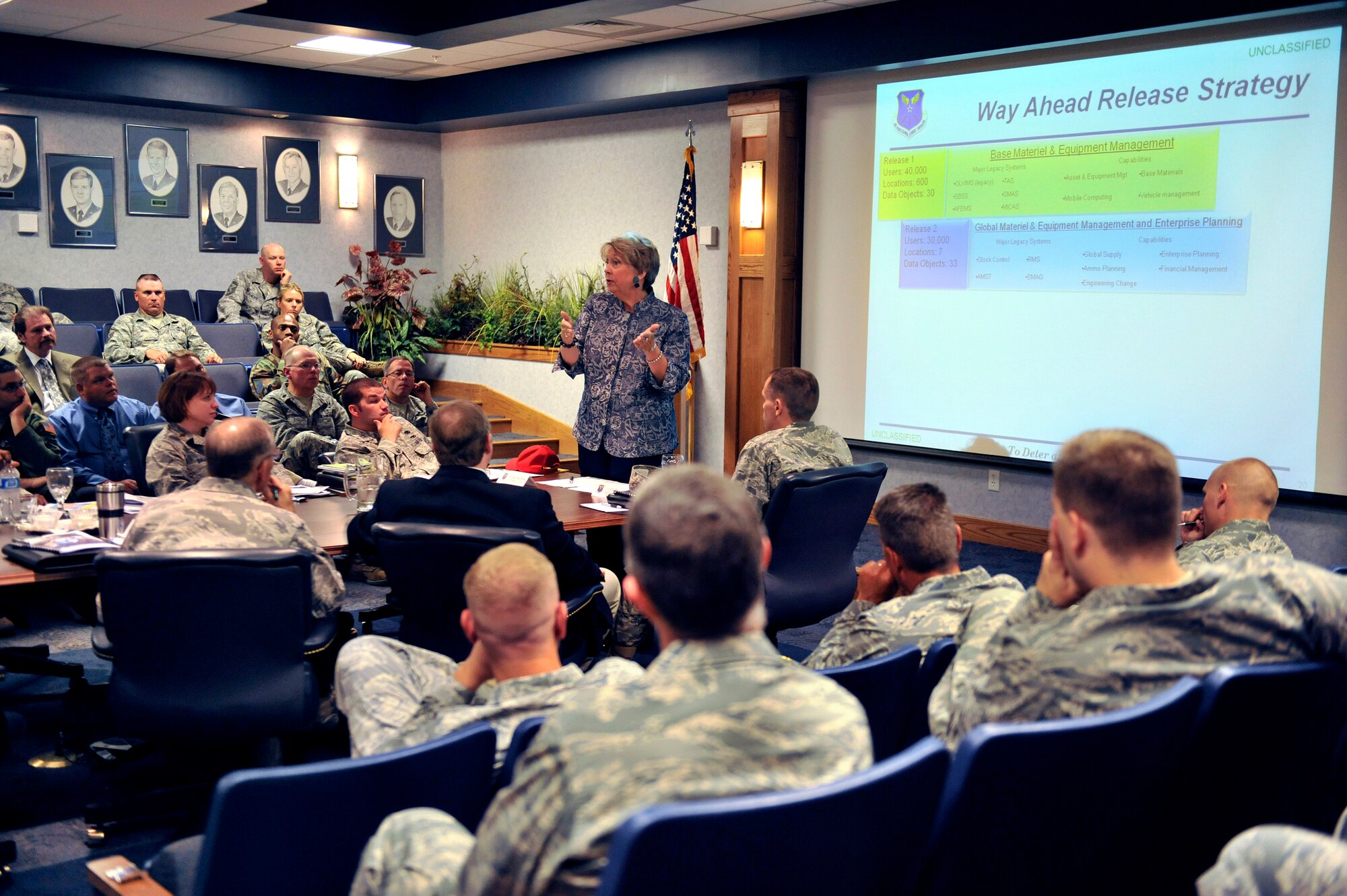 Ann Mitchell briefs the leadership at Malmstrom on the logistics conversion to the Expeditionary Combat Support System during a site visit to Malmstrom July 21-23. Ms. Mitchell is the Air Force Global Strike Command Director of  Installations, Logistics and Mission Support. (U.S. Air Force photo/John Turner)