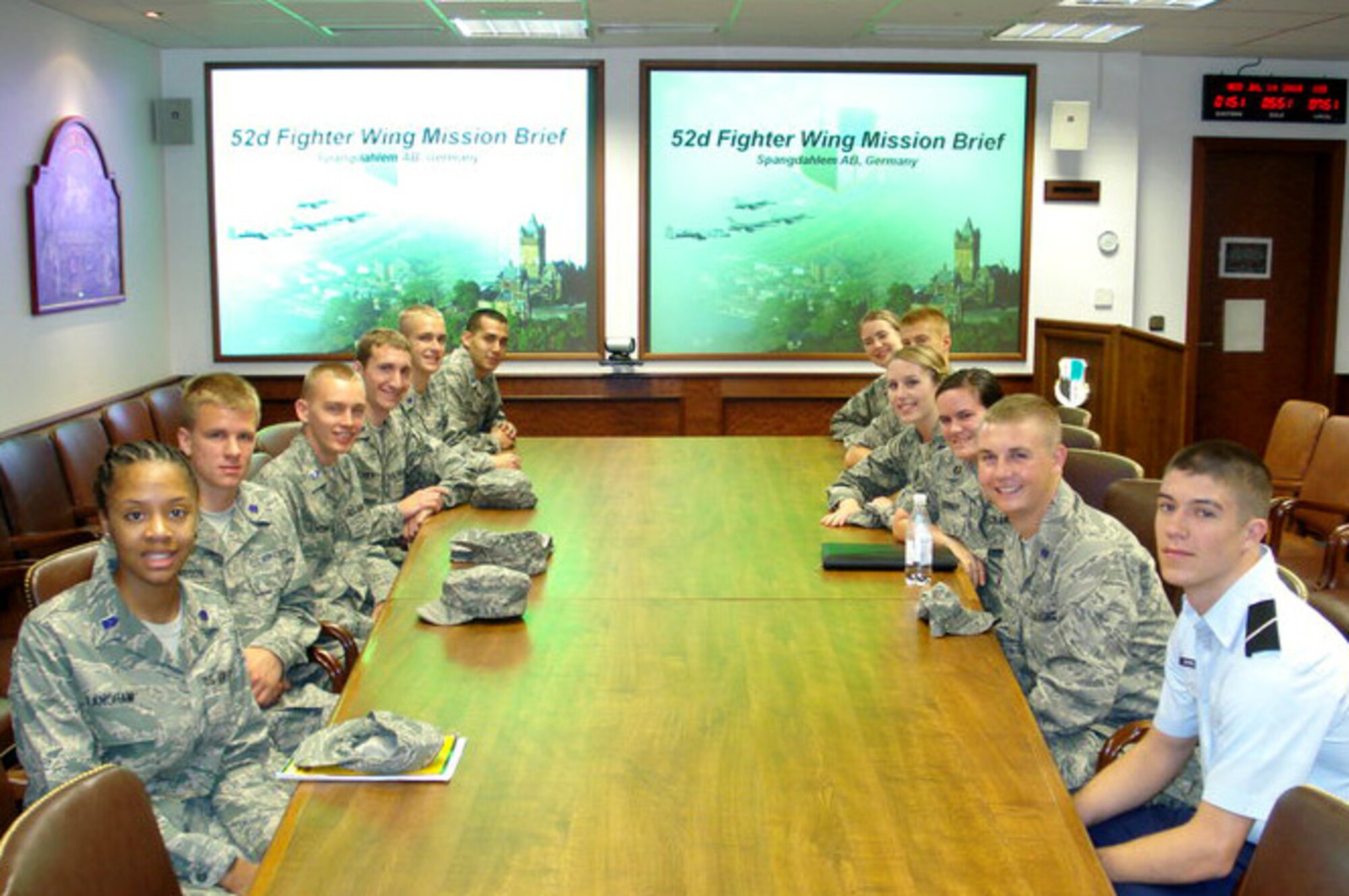 SPANGDAHLEM AIR BASE, Germany- Air Force ROTC cadets sit in the wing conference room for a welcome brief by wing personnel July 14. Cadets visited the base for about three weeks as part of a professional development training program designed to help future Air Force officers experience active-duty officer life.  (U.S. Air Force photo/ Cadet Katherine O’Connor)