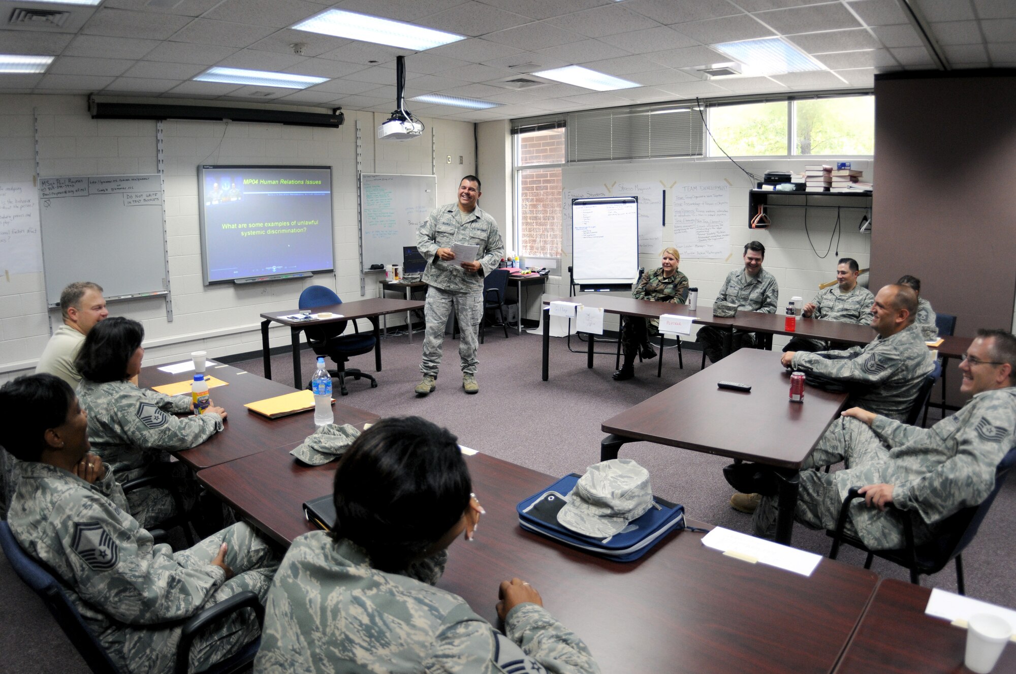 McGHEE TYSON AIR NATIONAL GUARD BASE, Tenn. -- Tech. Sgt. Jason M.C. Aceves, a security forces craftsman with the 152nd Airlift Wing, Nevada Air National Guard, practices facilitating a lesson during the Satellite Enlisted Professional Military Education Program Facilitator course at The I.G. Brown Air National Guard Training and Education Center here, July 30, 2010.  (U.S. Air Force photo by Master Sgt. Kurt Skoglund/Released)