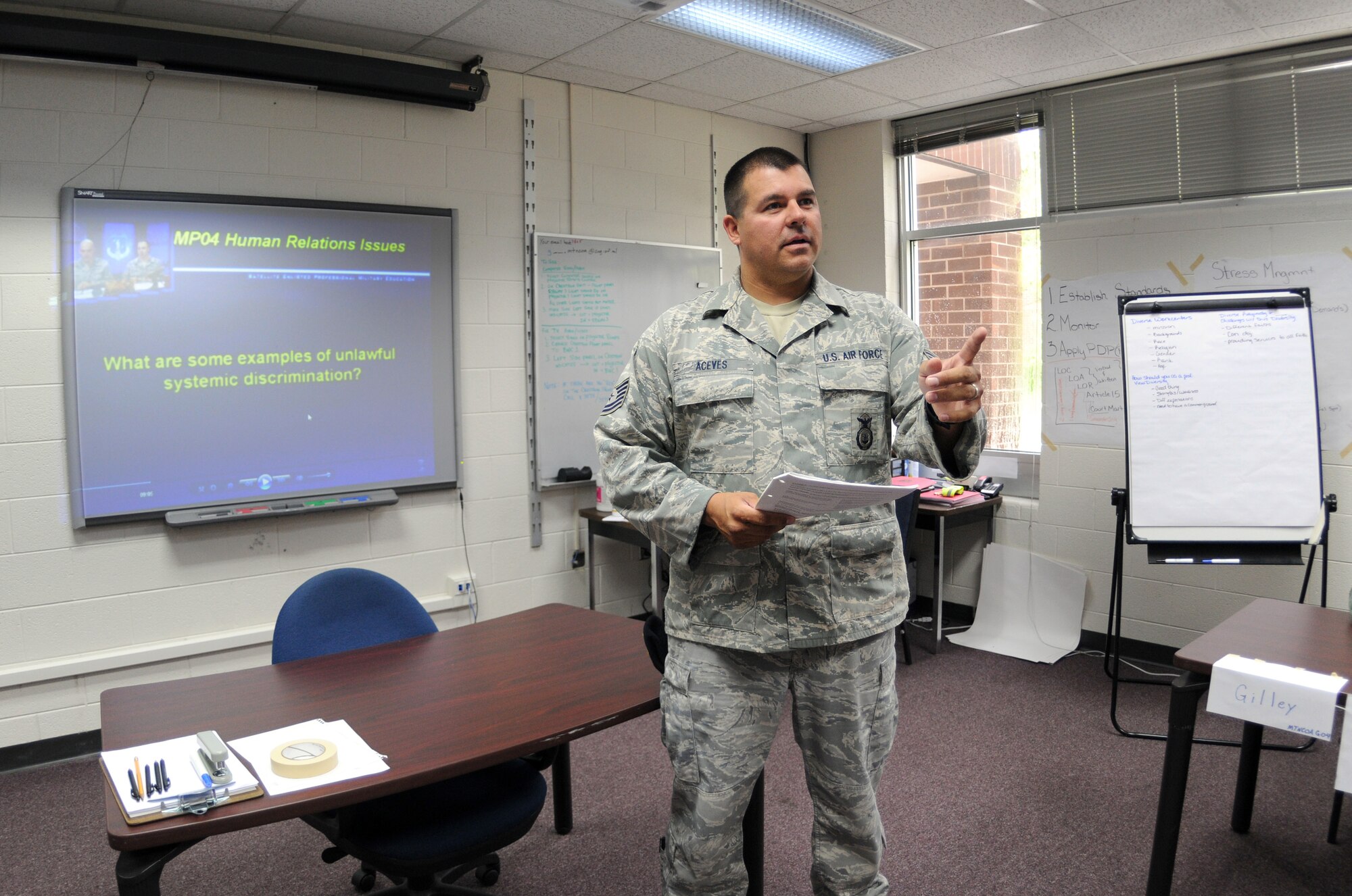 McGHEE TYSON AIR NATIONAL GUARD BASE, Tenn. -- Tech. Sgt. Jason M.C. Aceves, a security forces craftsman with the 152nd Airlift Wing, Nevada Air National Guard, practices facilitating a lesson during the Satellite Enlisted Professional Military Education Program Facilitator course at The I.G. Brown Air National Guard Training and Education Center here, July 30, 2010.  (U.S. Air Force photo by Master Sgt. Kurt Skoglund/Released)