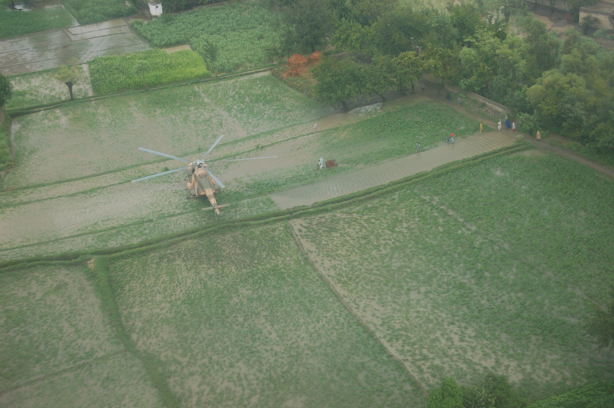 On July 28-29, 2010 the Afghan Air Force responded with two Mi-17s and aircrew accompanied by United States Air Force Air Advisors to an urgent request to begin rescuing people overcome by rapidly rising flood waters at the confluence of the Kabul and Laghman Rivers, about 11 miles west of Jalalabad.  Over 2,100 people were saved, by the AAF and their Mi-17s from the high threat raging flood waters most of them under the threat of foreign insurgent fighters.  (Courtesy photo by Maj. Kazim, Afghan Air Force/RELEASED).