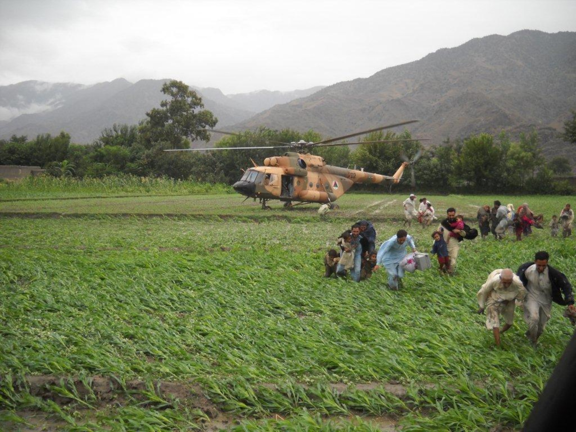 On July 28-29, 2010 the Afghan Air Force responded with two Mi-17s and aircrew accompanied by United States Air Force Air Advisors to an urgent request to begin rescuing people overcome by rapidly rising flood waters at the confluence of the Kabul and Laghman Rivers, about 11 miles west of Jalalabad.  Over 2,100 people were saved, by the AAF and their Mi-17s from the high threat raging flood waters most of them under the threat of foreign insurgent fighters.