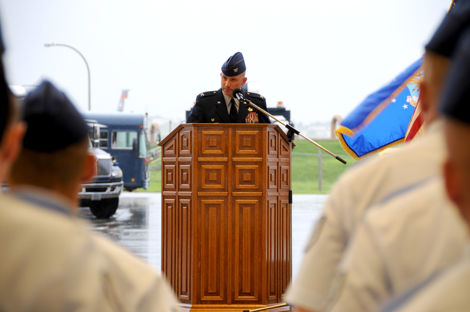 Col. Brian Duffy addresses the men and women of the 18th Civil Engineer Group shortly after taking command July 29. (U.S. Air Force photo/Staff Sgt. Darnell Cannady)