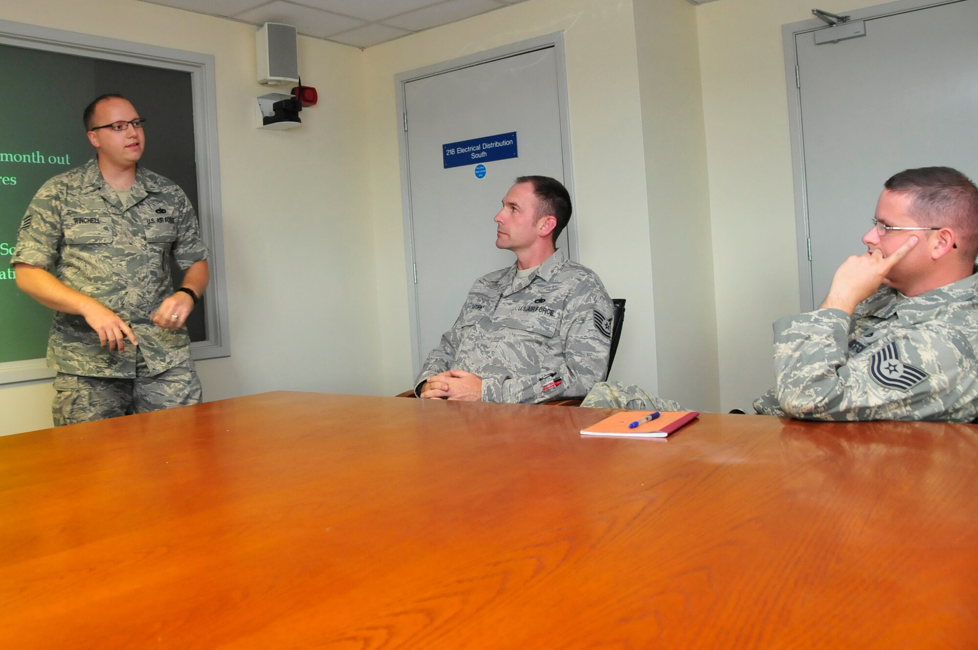 Staff Sgt. Joseph Winchell,  748th Aircraft Maintenance Squadron Command Support Section NCO in charge, briefs unit physical training leaders on their duties in the conference room at Hangar 6. Sergeant Winchell was nominated for a liberty spotlight because he displays the core value 'Service Befor Self'. (U.S. Air Force photo/Eboni Knox)