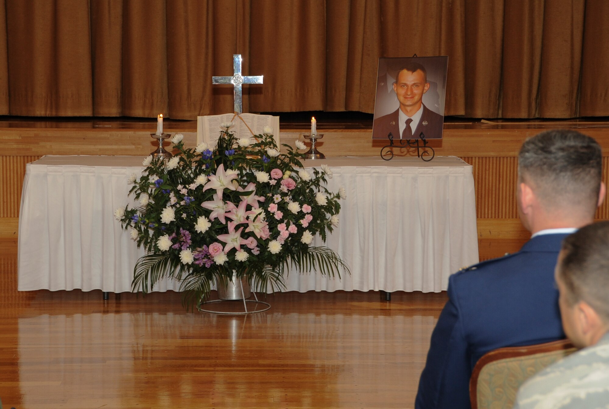 MISAWA AIR BASE, Japan – A memorial service was held today for Airman Robert Hasley, of the 35th Maintenance Squadron. Fellow Airmen, The Misawa Air Base community and friends attended the memorial, which was held at the Misawa Collocated club. Airman Hasley, 24, was reported missing July 24, while swimming with five other service members, according to witnesses. Japanese responders found his body July 25. (U.S. Air Force photo/Tech. Sgt. Russell J. McBride)