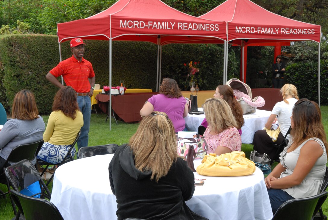 Maj.Gen. Ronald L. Baily, commanding general Marine Corps Recruit Depot San Diego and the Western Recruiting Region, addresses the spouses welcoming them and thanking them for their support at the Spouse Appreciation Spa Day held July 31 here.