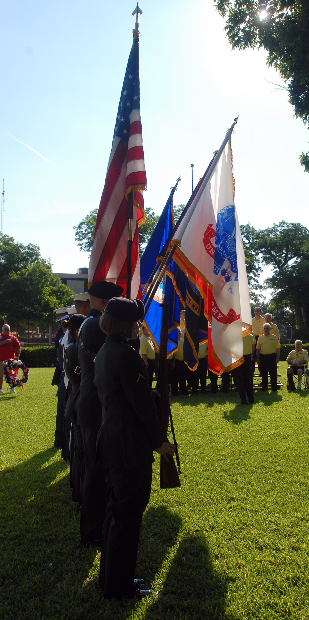 The Goodfellow Joint Service Color Guard present the Colors at the start of the Tom Green All Veteran’s Council Memorial Day Observance, May 31.  Goodfellow members assisted in a number of Memorial Day observances throughout the local area. (U.S. Air Force photo/Master Sgt. Randy Mallard) 