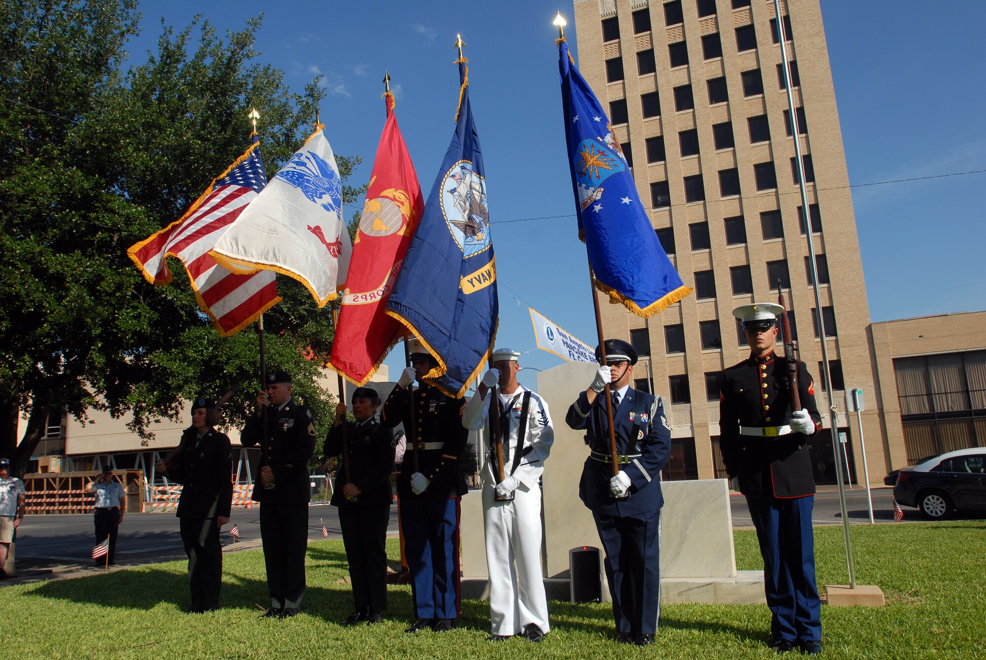 The Goodfellow Joint Service Color Guard presents the Colors at the start of the Tom Green County All Veteran’s Council Memorial Day Observance May 31.  Goodfellow members assisted in a number of Memorial Day observances throughout the local area. (U.S. Air Force photo/Master Sgt. Randy Mallard) 