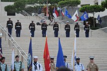 HONOLULU - United States Pacific Command Color guard and the Marine Corps Forces Drill Team standby as military veterans, motorcycle clubs and  Vietnam veteran supporters gathered at the National Cemetery of the Pacific in the Pu'owaina Crater, also known as the Punchbowl for a Vietnam Veteran Ceremony and wreath laying ceremony on May 30 in Honolulu, Hawaii.  (U.S.  Air Force photo/Tech Sgt. Cohen A. Young)