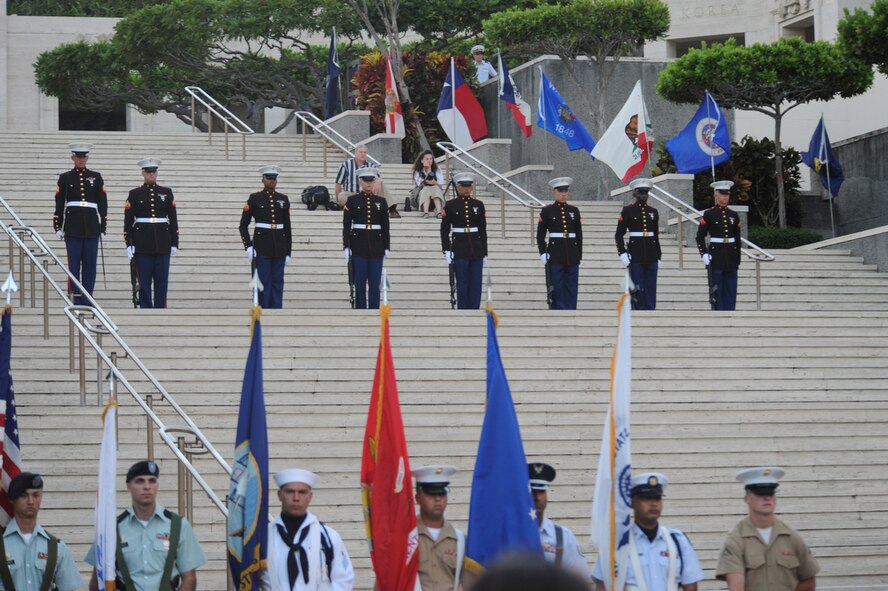 HONOLULU - United States Pacific Command Color guard and the Marine Corps Forces Drill Team standby as military veterans, motorcycle clubs and  Vietnam veteran supporters gathered at the National Cemetery of the Pacific in the Pu'owaina Crater, also known as the Punchbowl for a Vietnam Veteran Ceremony and wreath laying ceremony on May 30 in Honolulu, Hawaii.  (U.S.  Air Force photo/Tech Sgt. Cohen A. Young)