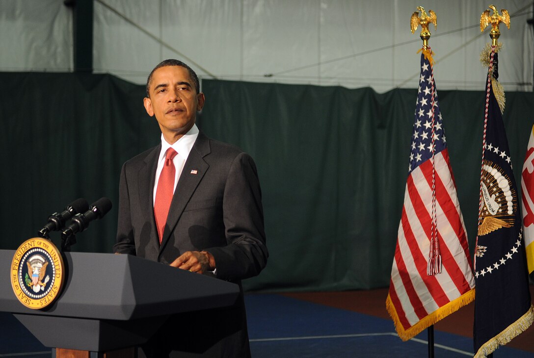 JOINT BASE ANDREWS, Md. -- President Barack Obama gives a Memorial Day speech inside the West Fitness Center here May 31, 2010. The President's speech was originally scheduled to take place at the Abraham Lincoln National Cemetery in Elwood, Ill., but was moved to Andrews due to severe weather. (U.S. Air Force photo by Senior Airman Melissa V. Brownstein)