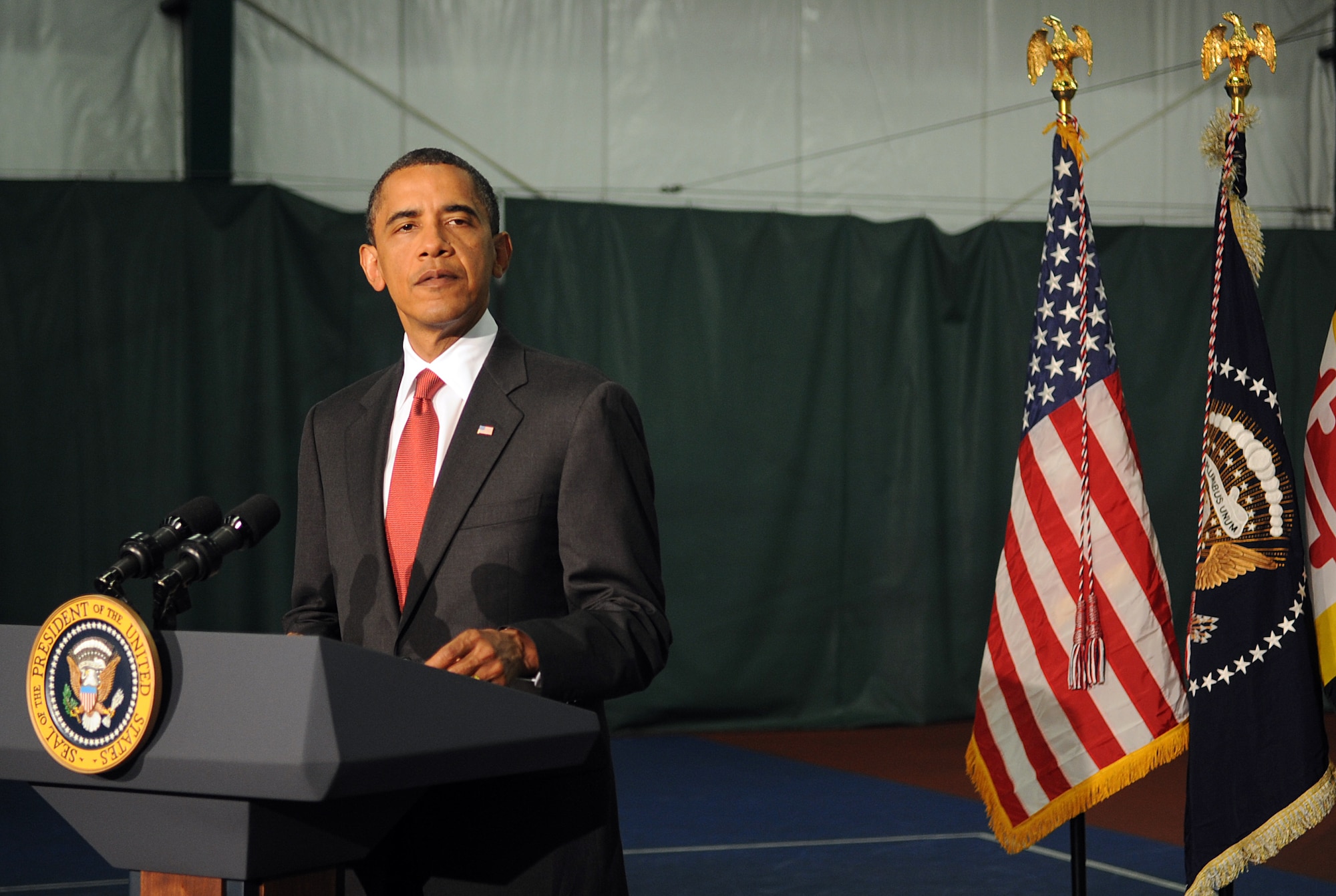 JOINT BASE ANDREWS, Md. -- President Barack Obama gives a Memorial Day speech inside the West Fitness Center here May 31, 2010. The President's speech was originally scheduled to take place at the Abraham Lincoln National Cemetery in Elwood, Ill., but was moved to Andrews due to severe weather. (U.S. Air Force photo by Senior Airman Melissa V. Brownstein)