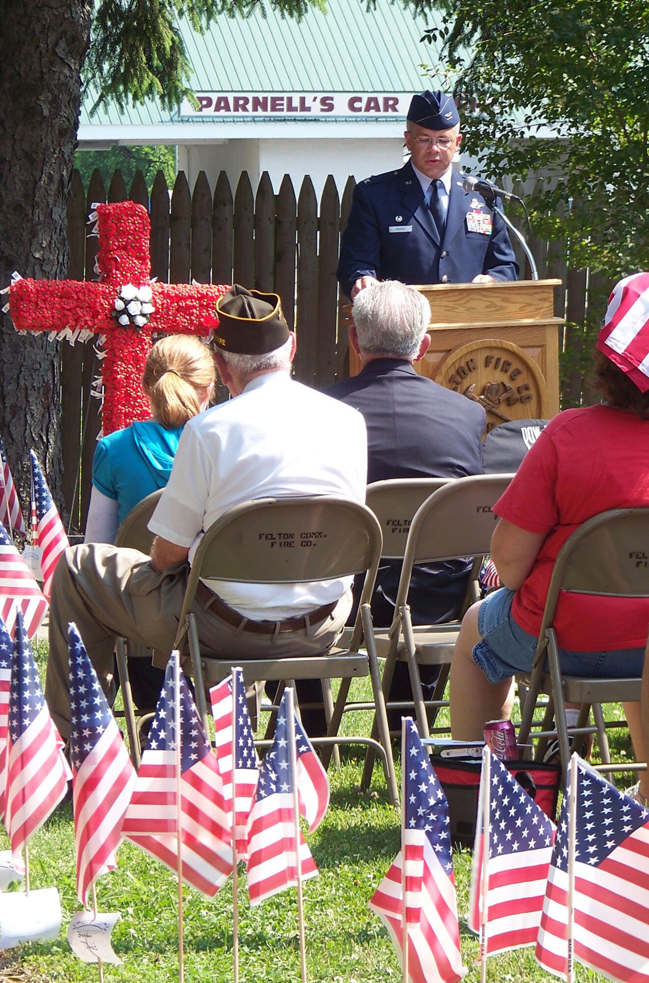 Col. Randal L. Bright, 512th Airlift Wing commander, speaks about the importance of Memorial Day to an audience of 135 people, May 31 at the Adams-Simpler-Ware Veterans of Foreign Wars Post 6009 Memorial Day Service at Odd Fellows Park in Felton, Del. Originally called Declaration Day, because of ?decorating? the graves of Civil War Veterans, it became a National Holiday in 1971 and re-named Memorial Day. Colonel Bright is responsible for 1,800 Citizen Airmen who are part of the 512th AW, which is the only Air Force Reserve unit in Delaware. (U.S. Air Force photo/Capt. Marnee A.C. Losurdo)