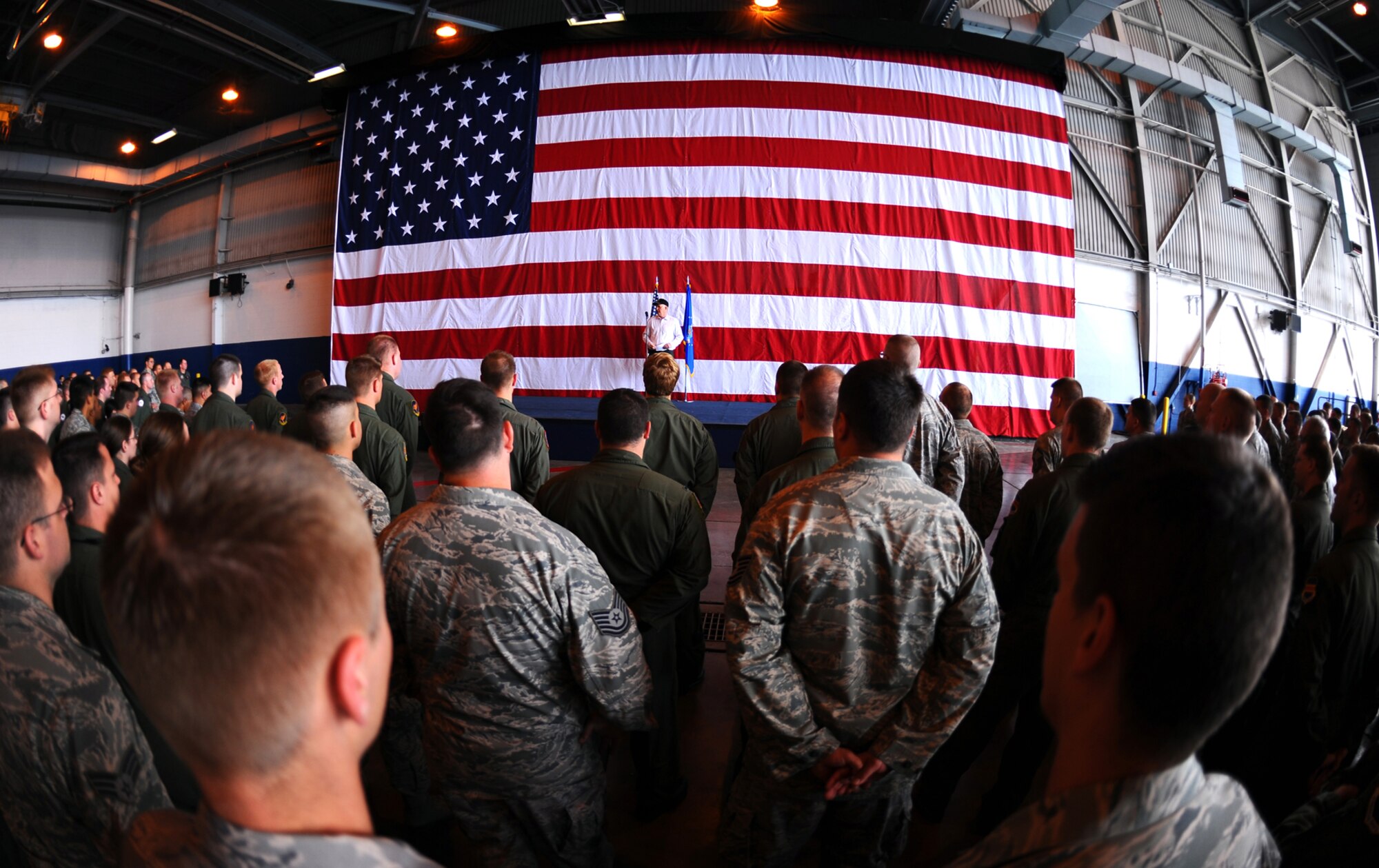 OFFUTT AIR FORCE BASE, Neb. -- Deputy Secretary of Defense William J. Lynn III, 
speaks to more than 300 members of the Fightin' Fifty-Fifth at Dock One of the Bennie Davis Maintenance Facility here May 26. During his speech, Mr. Lynn thanked Team Offutt for all they do to support contingency operations around the globe. Afterward, he personally thanked and met every Airman in attendance. U.S. Air Force Photo by Josh Plueger