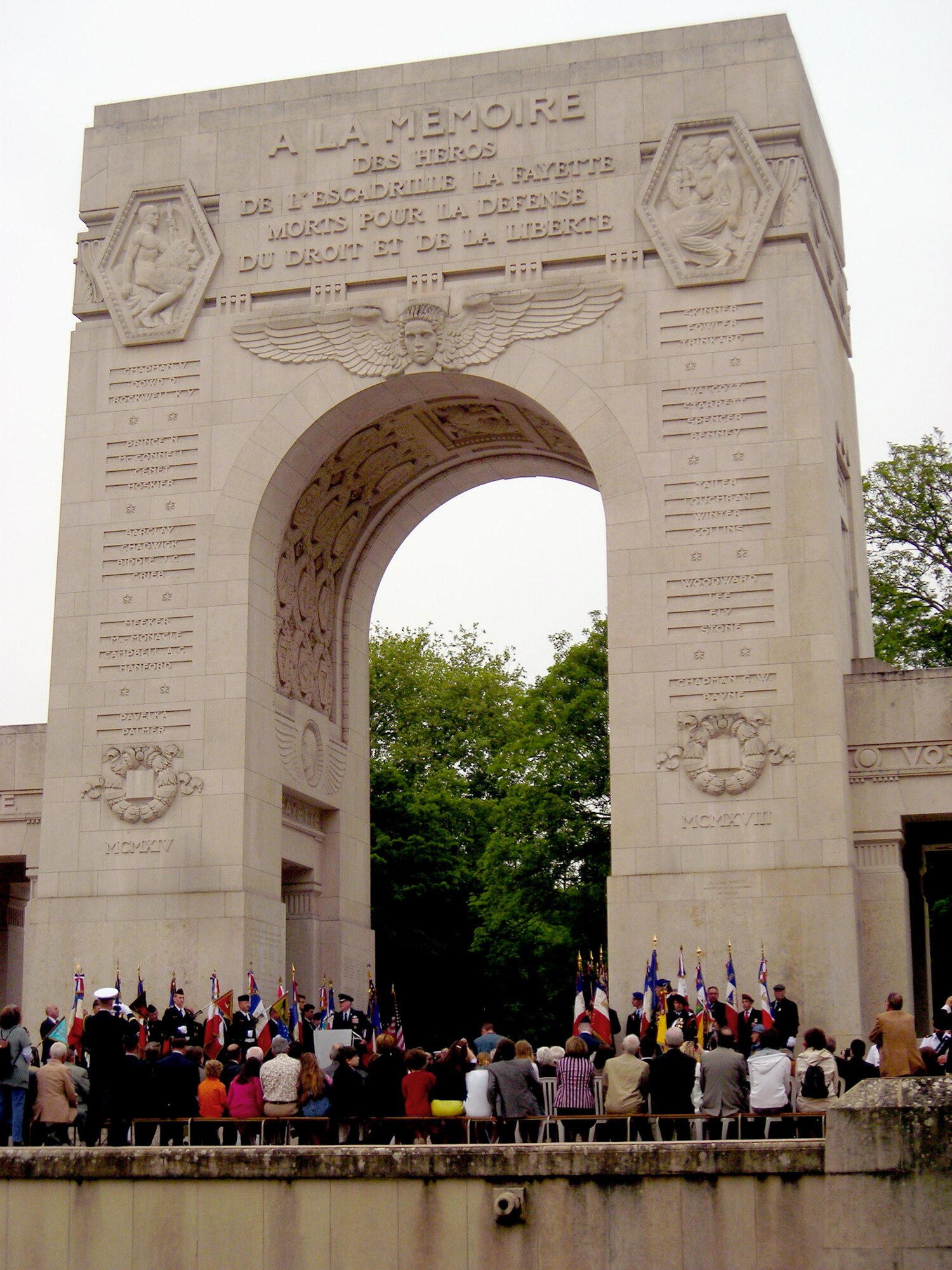 Gen. Roger Brady gives his remarks during a dignified ceremony at the Lafayette Escadrille Memorial outside of Paris, May 27, 2010. U.S. and French civilian and military leaders paid their respects to America's first combat pilots during the event. The Lafayette Escadrille Memorial is a reminder for all of the American pilots of the Escadrille La Fayette and the Lafayette Flying Corps who died during service to the Allies during World War I. General Brady is the U.S. Air Forces in Europe commander. (U.S. Air Force photo/Capt. Tony Wickman)