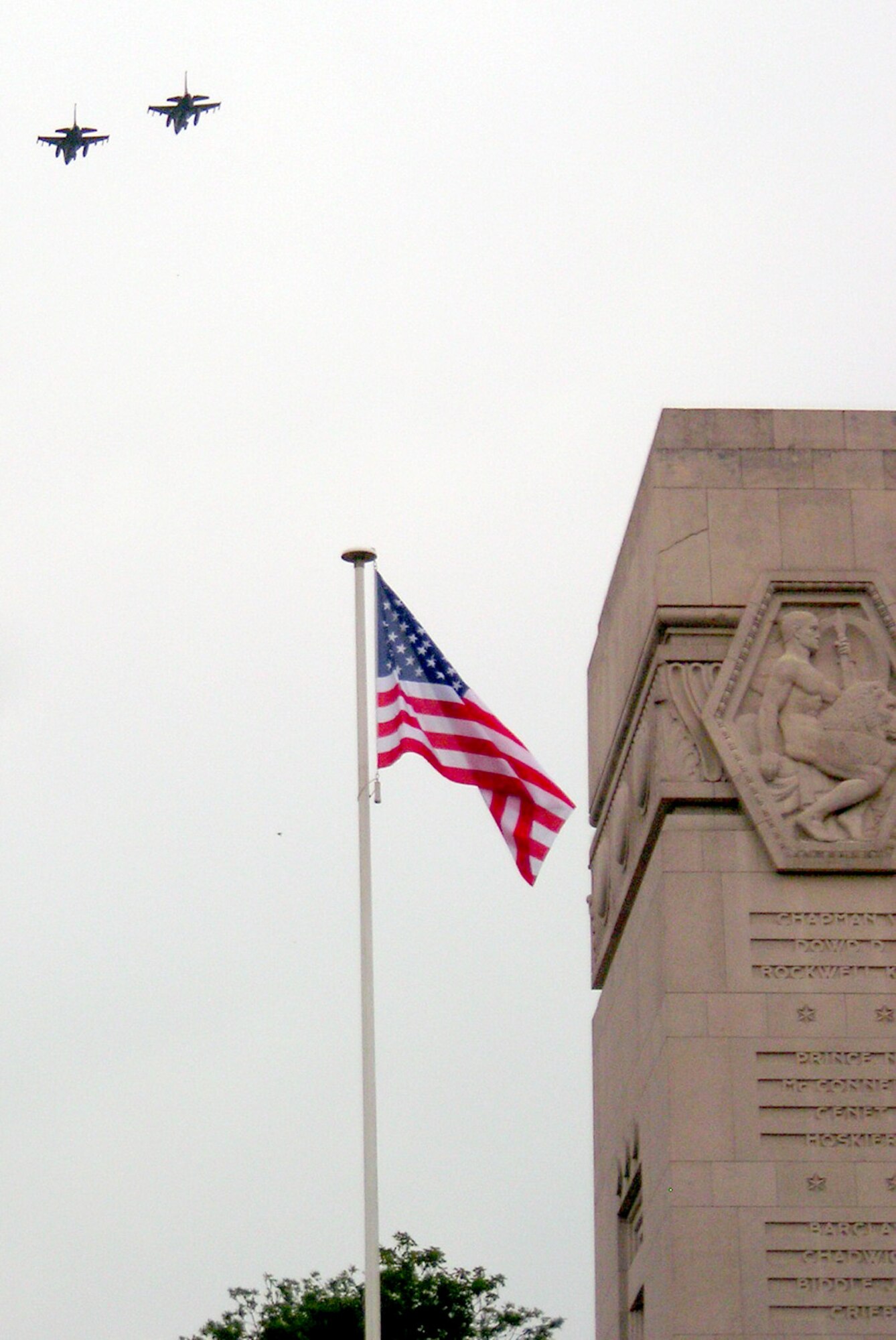 F-16 Fighting Falcon aircraft from the 52nd Fighter Wing at Spangdahlem Air Base, Germany, flyover the Lafayette Escadrille Memorial outside of Paris, May 27, 2010. The Lafayette Escadrille Memorial is a reminder for all of the American pilots of the Escadrille La Fayette and the Lafayette Flying Corps who died during service to the Allies during World War I. (U.S. Air Force photo/Capt. Tony Wickman)