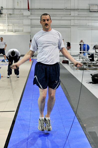 OFFUTT AIR FORCE BASE, Neb. -- Tech. Sgt. Joseph Duncan, 55th Maintenance Squadron, jumps rope at the Offutt Field House during a Boot Camp class May 19. The Boot Camp class is held every Wednesday and Friday from 3:15 to 4:15 p.m. The class consists of circuit training and a combination of high-intensity aerobics, as well as resistance training designed to target fat loss, build muscle and improve heart health. U.S. Air Force Photo by Charles Haymond
